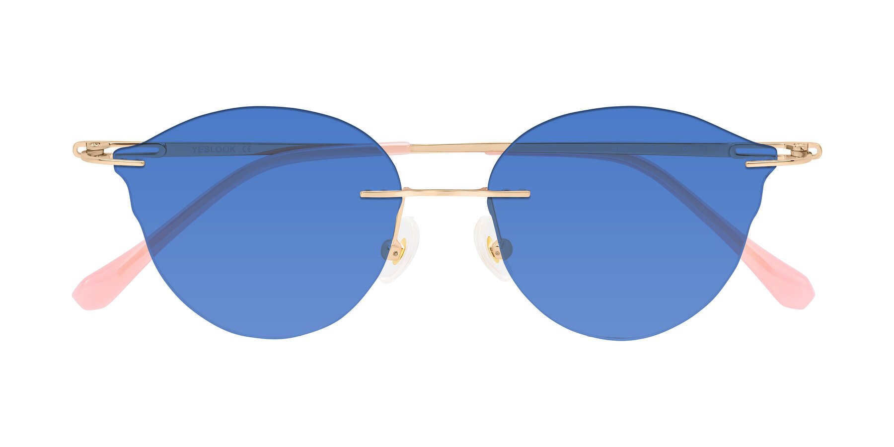 Folded Front of Barlow in Rose Gold/Pink with Blue Tinted Lenses