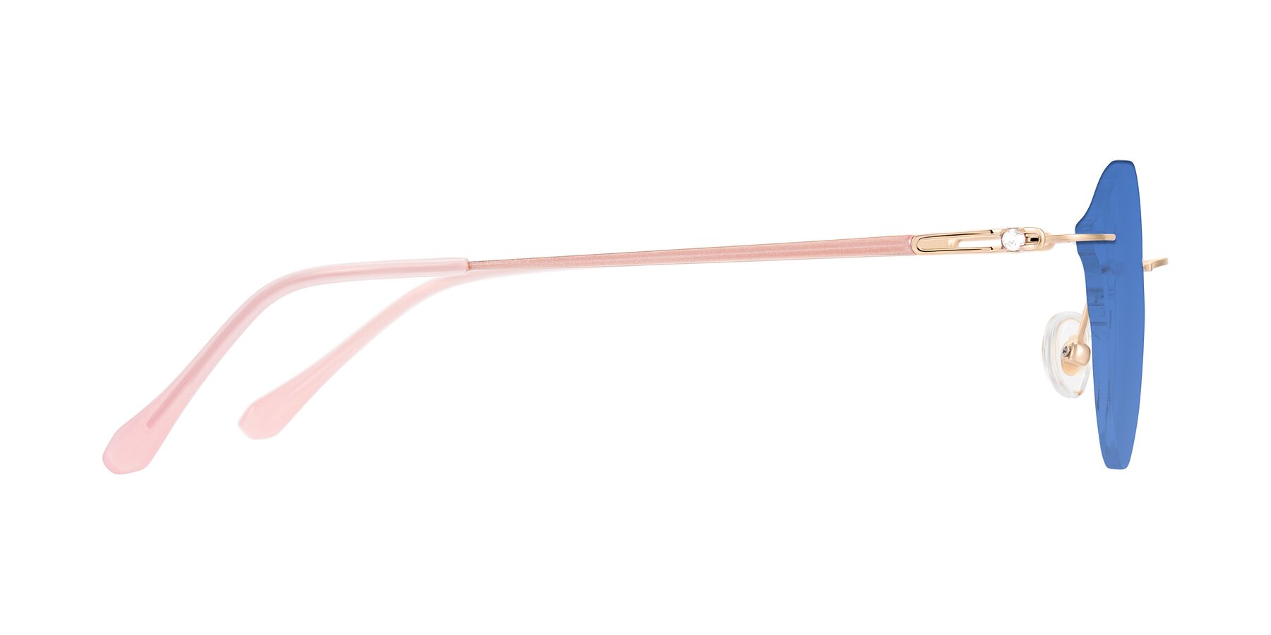 Side of Barlow in Rose Gold/Pink with Blue Tinted Lenses