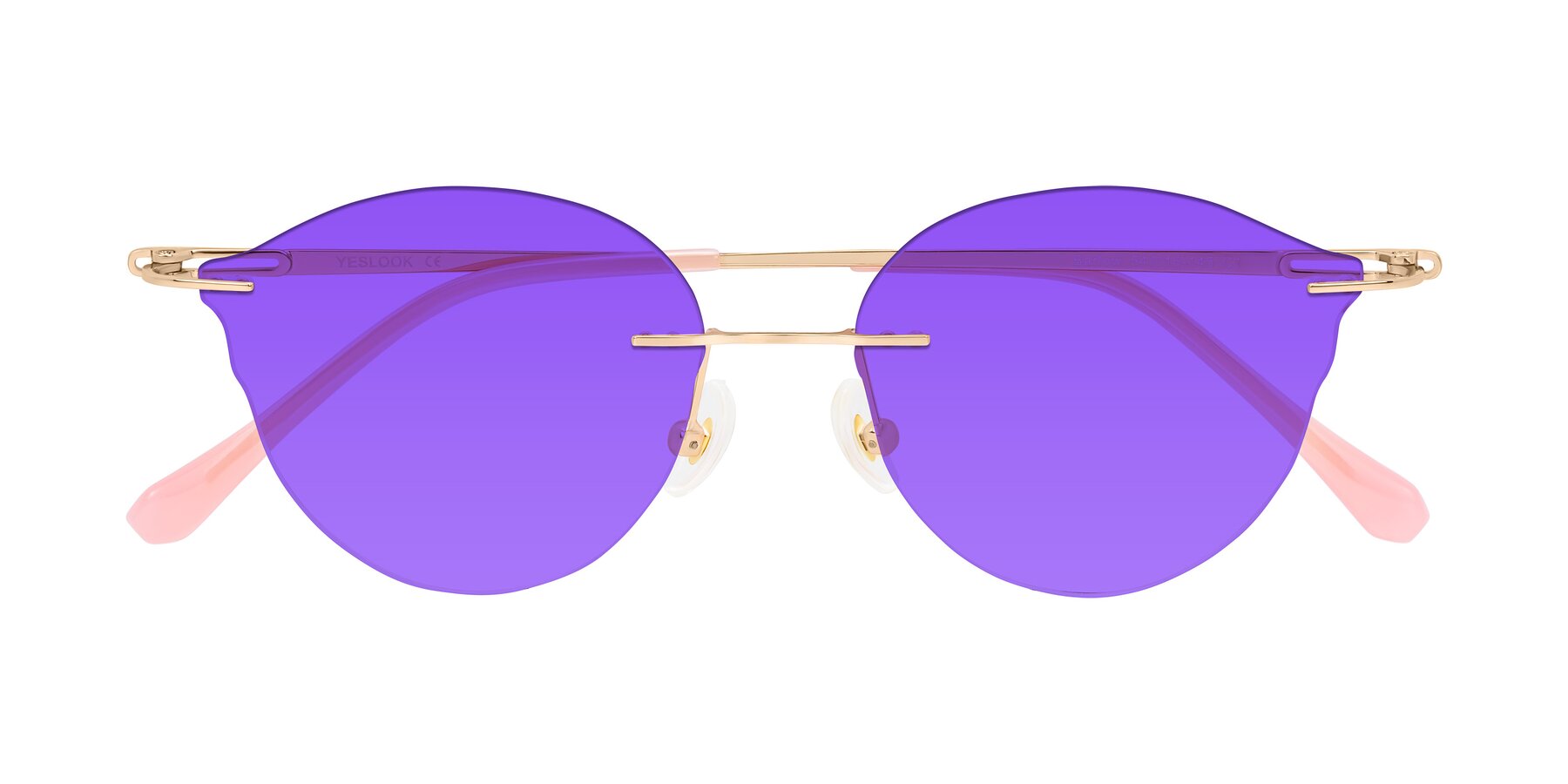 Folded Front of Barlow in Rose Gold/Pink with Purple Tinted Lenses