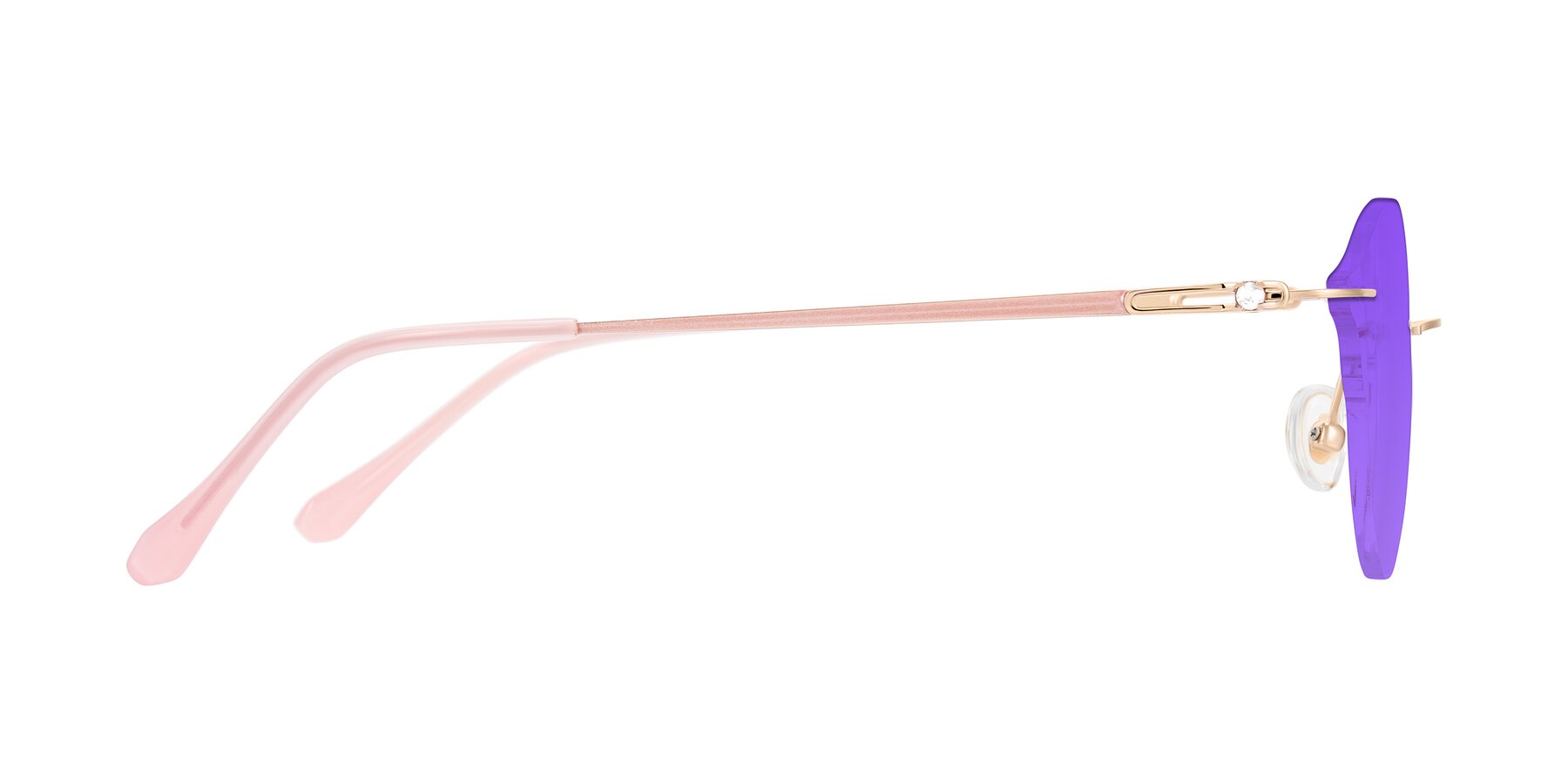 Side of Barlow in Rose Gold/Pink with Purple Tinted Lenses