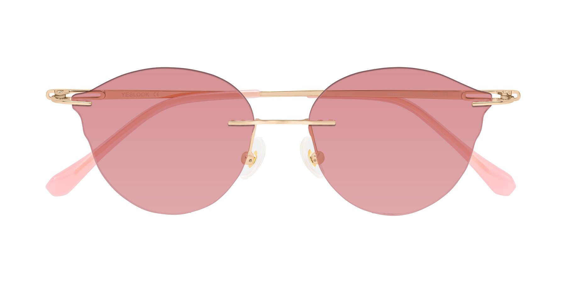 Folded Front of Barlow in Rose Gold/Pink with Medium Garnet Tinted Lenses