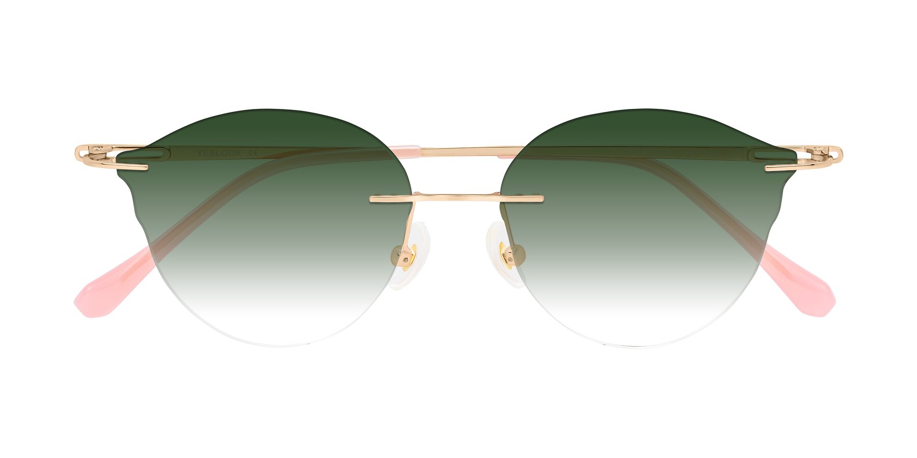 Folded Front of Barlow in Rose Gold/Pink with Green Gradient Lenses