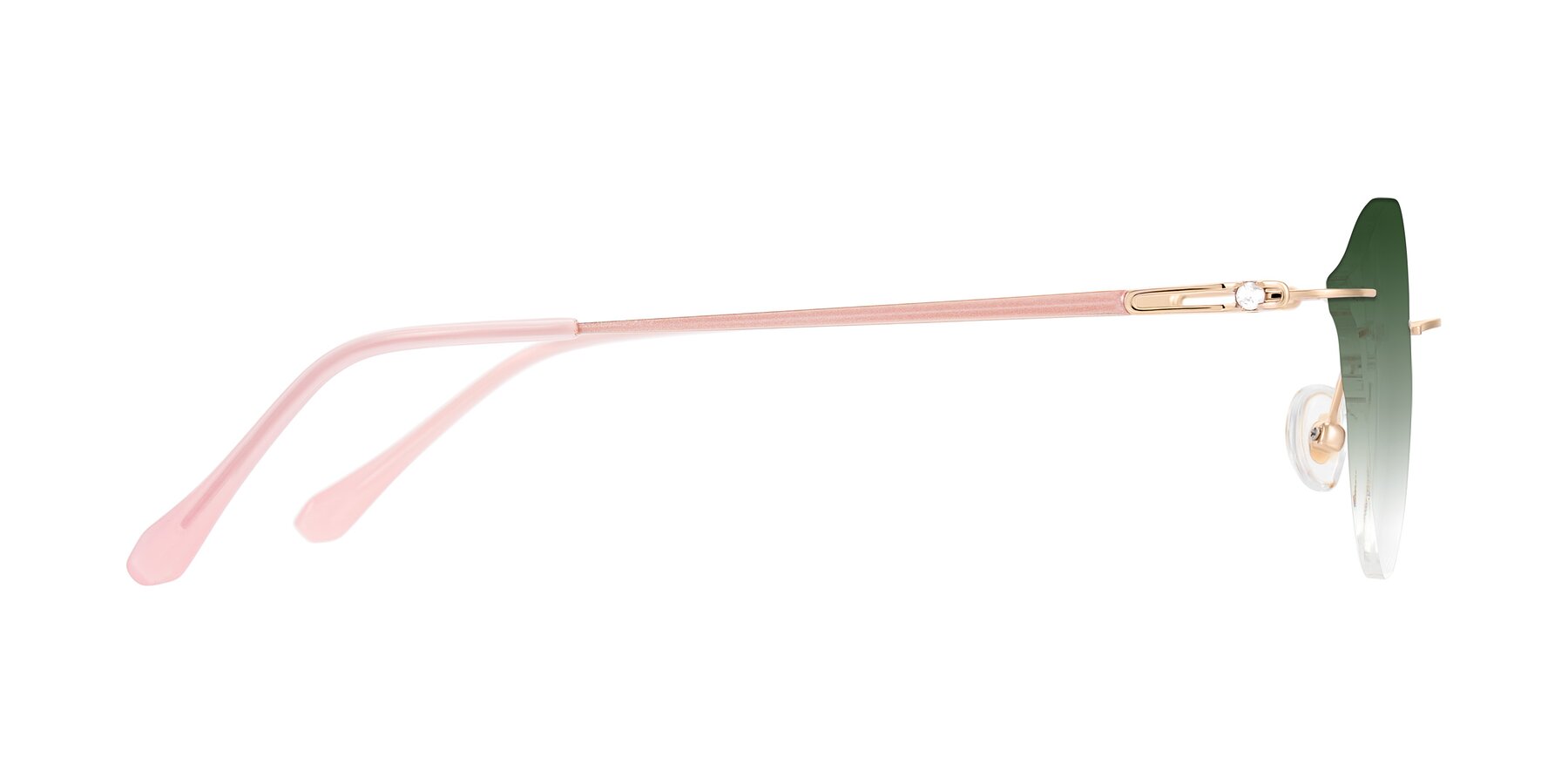 Side of Barlow in Rose Gold/Pink with Green Gradient Lenses