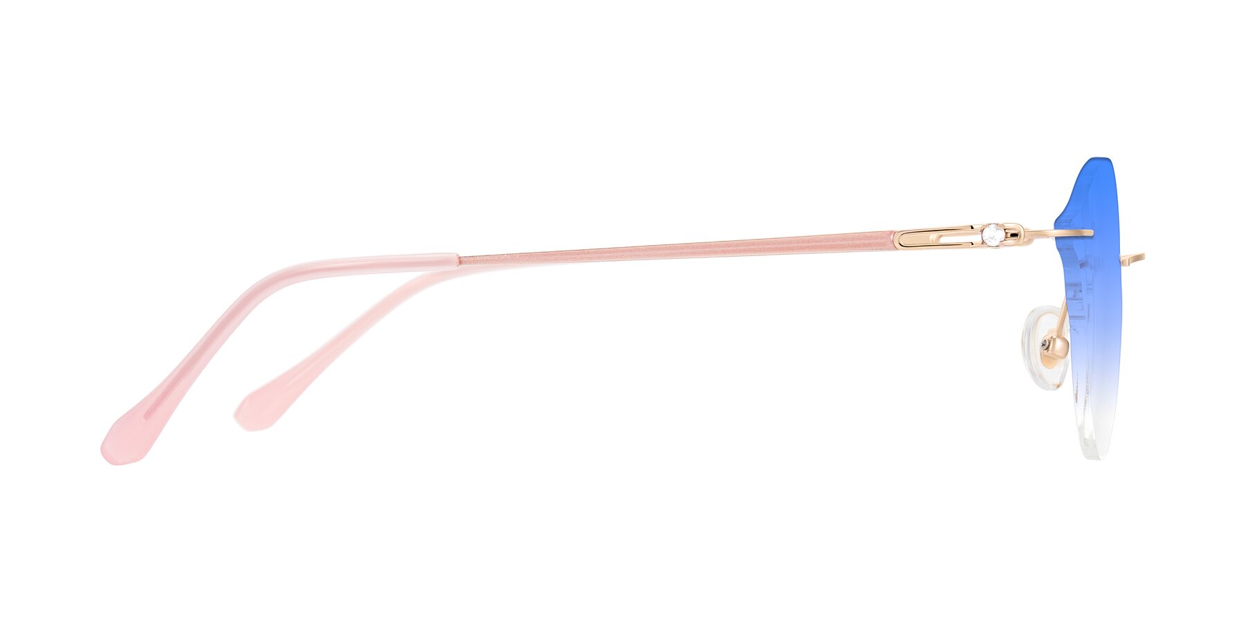 Side of Barlow in Rose Gold/Pink with Blue Gradient Lenses