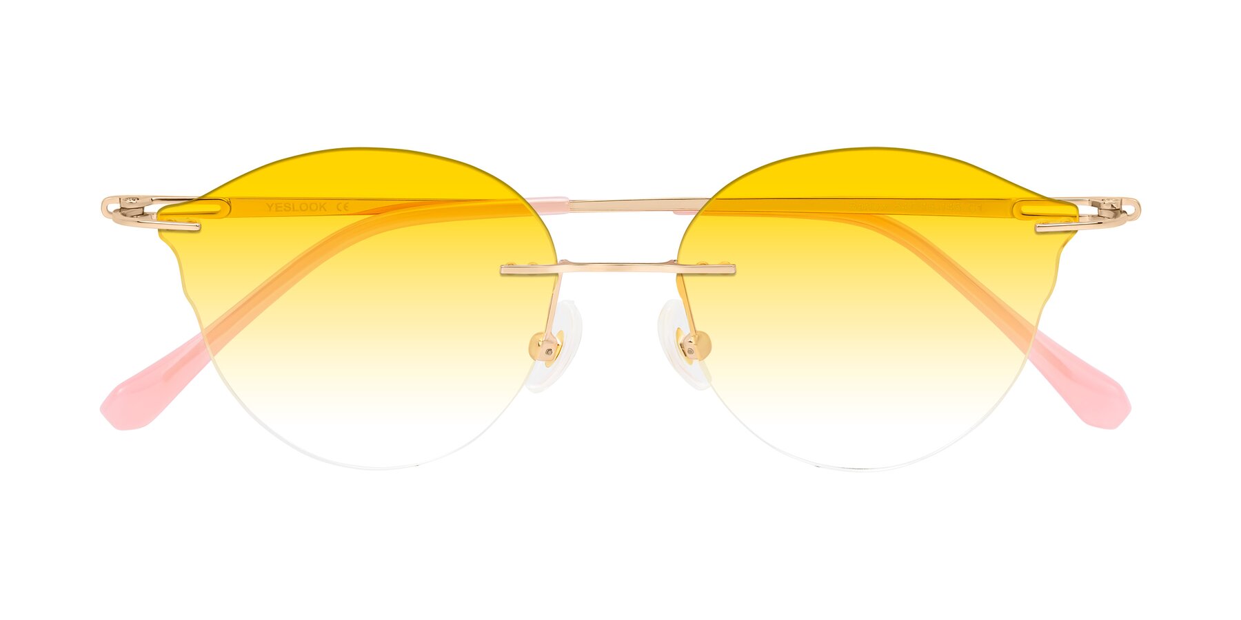 Folded Front of Barlow in Rose Gold/Pink with Yellow Gradient Lenses