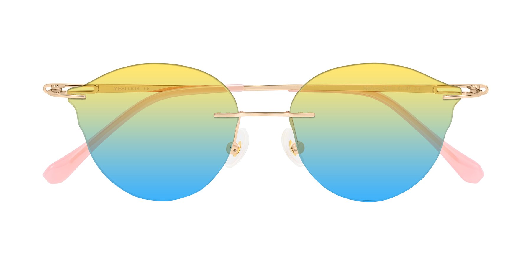 Folded Front of Barlow in Rose Gold/Pink with Yellow / Blue Gradient Lenses
