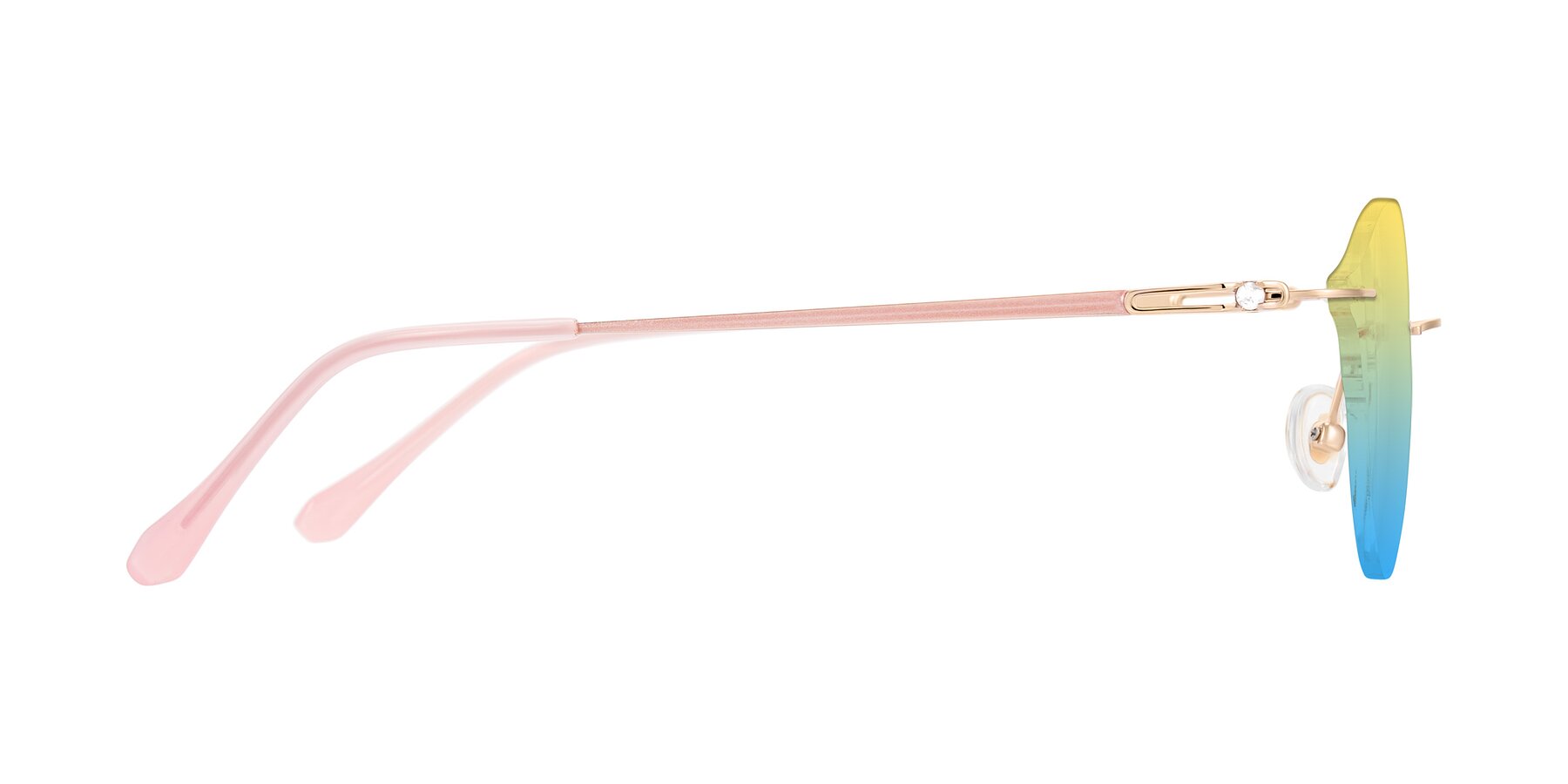 Side of Barlow in Rose Gold/Pink with Yellow / Blue Gradient Lenses