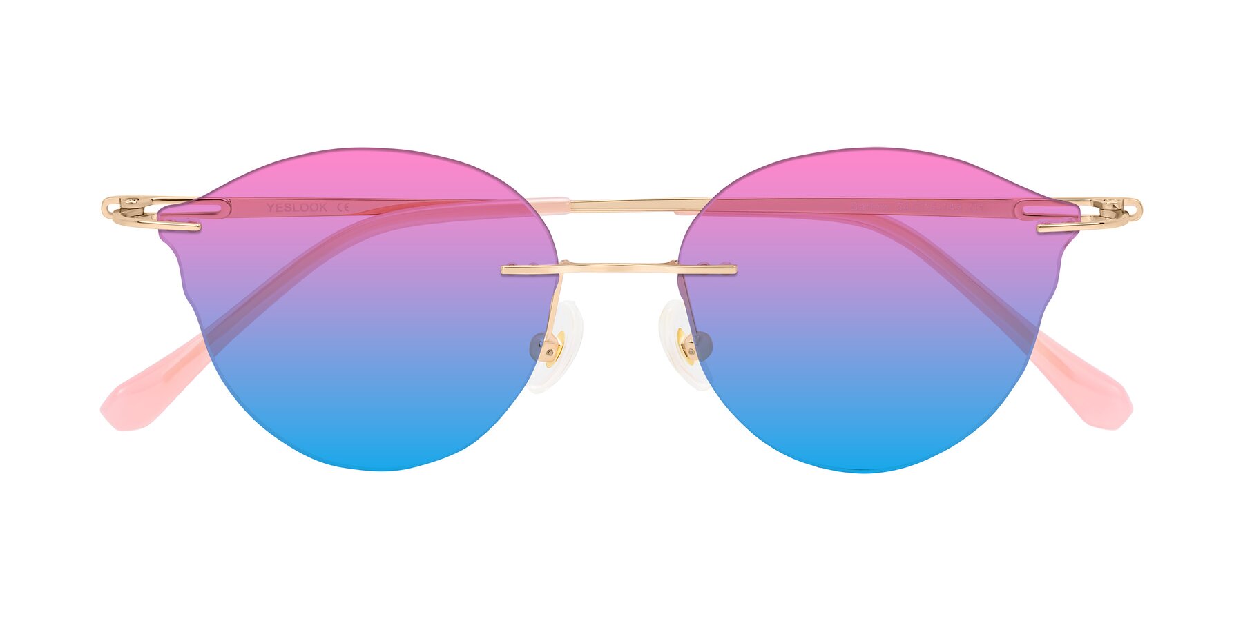 Folded Front of Barlow in Rose Gold/Pink with Pink / Blue Gradient Lenses