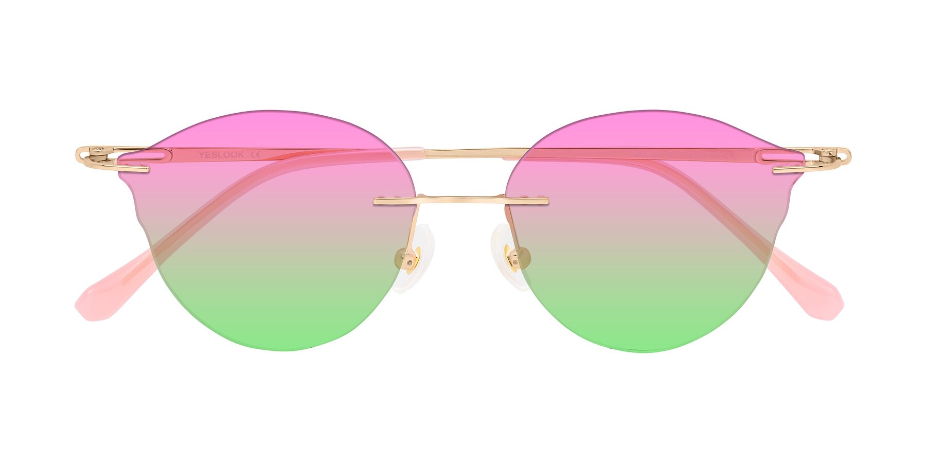 Folded Front of Barlow in Rose Gold/Pink with Pink / Green Gradient Lenses