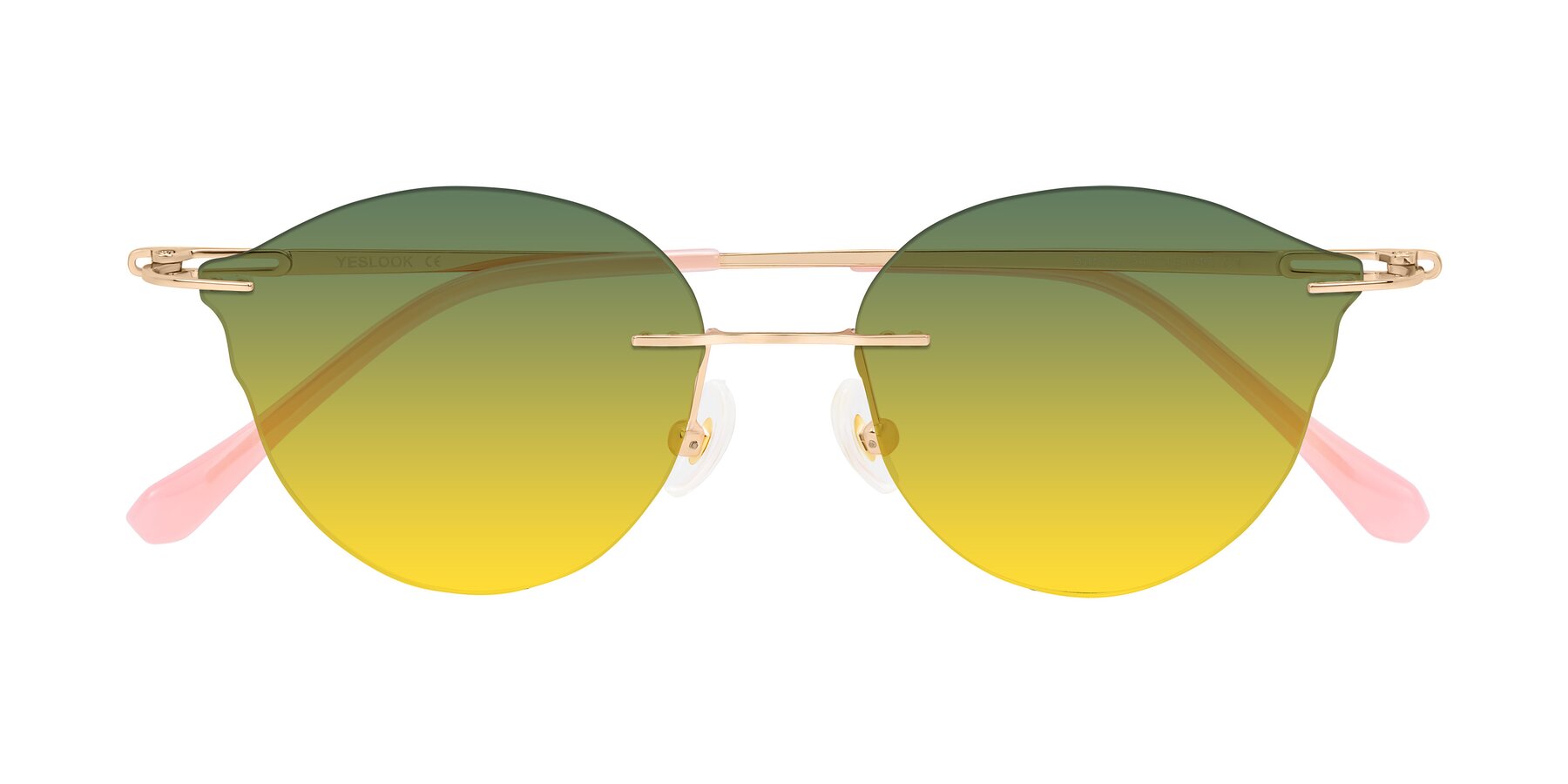 Folded Front of Barlow in Rose Gold/Pink with Green / Yellow Gradient Lenses