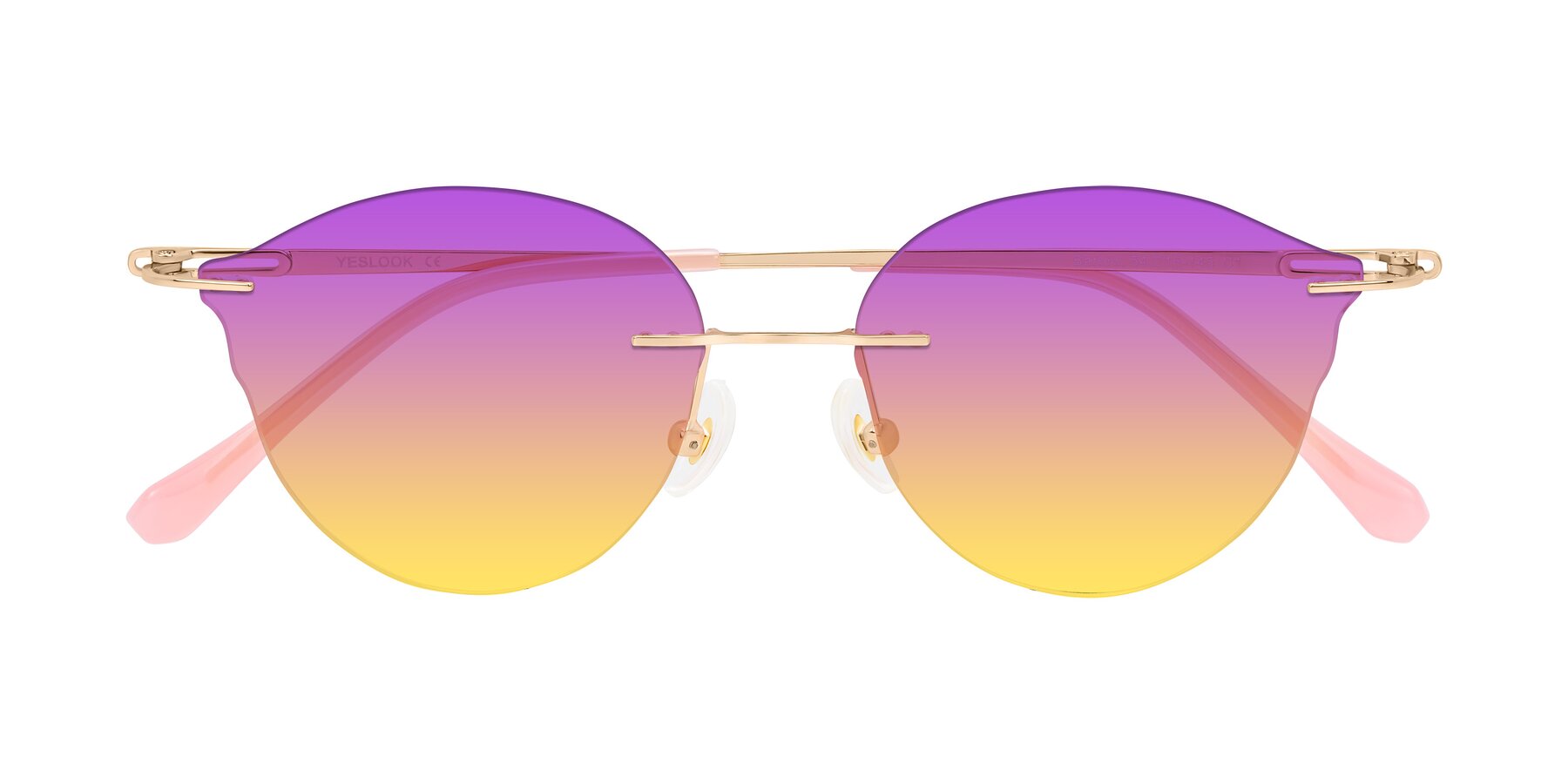 Folded Front of Barlow in Rose Gold/Pink with Purple / Yellow Gradient Lenses