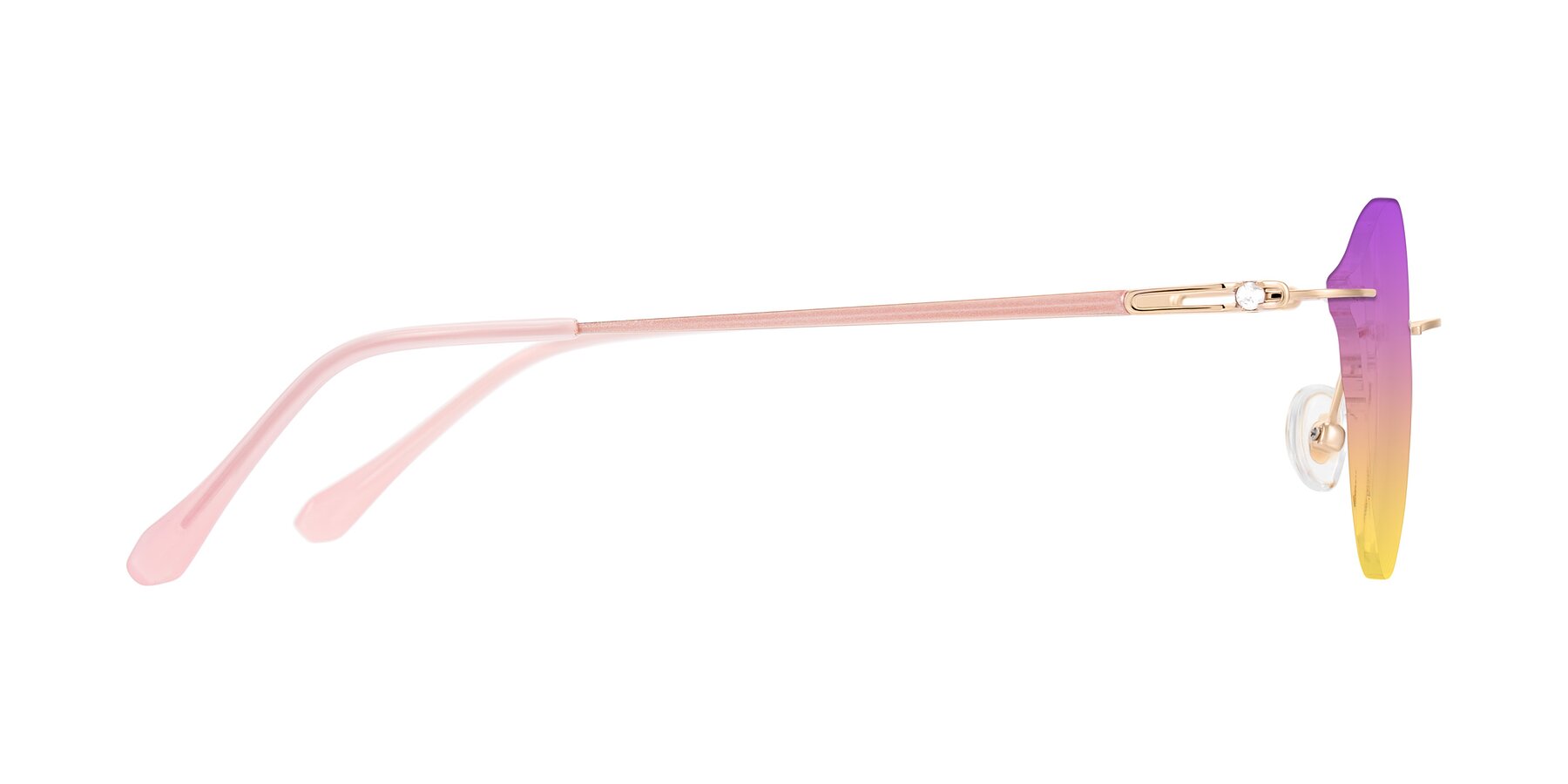 Side of Barlow in Rose Gold/Pink with Purple / Yellow Gradient Lenses