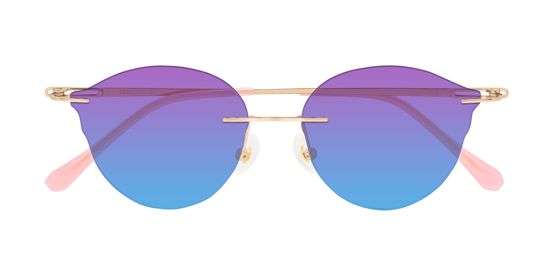 Folded Front of Barlow in Rose Gold/Pink with Purple / Blue Gradient Lenses