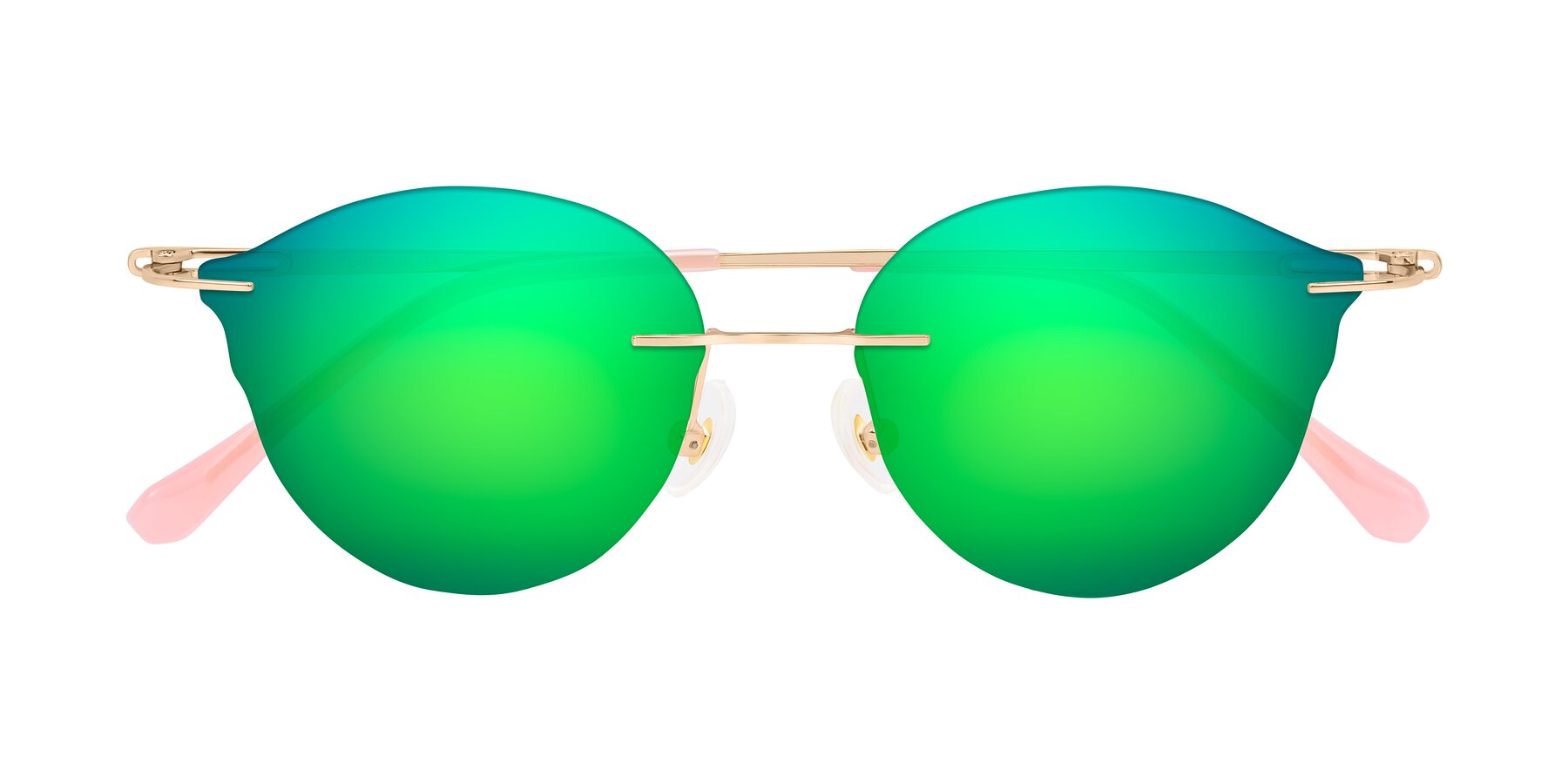 Folded Front of Barlow in Rose Gold/Pink with Green Mirrored Lenses