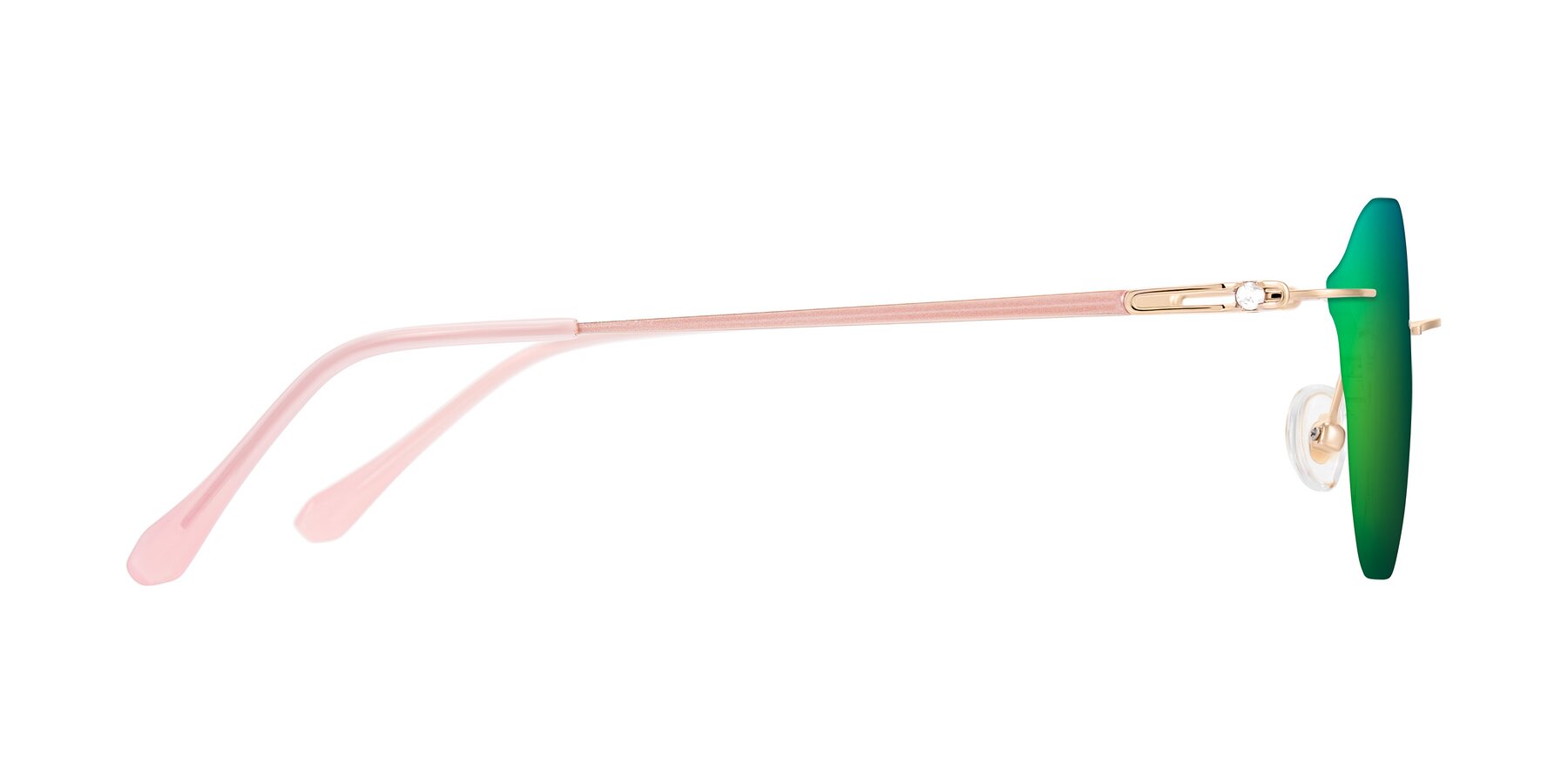 Side of Barlow in Rose Gold/Pink with Green Mirrored Lenses