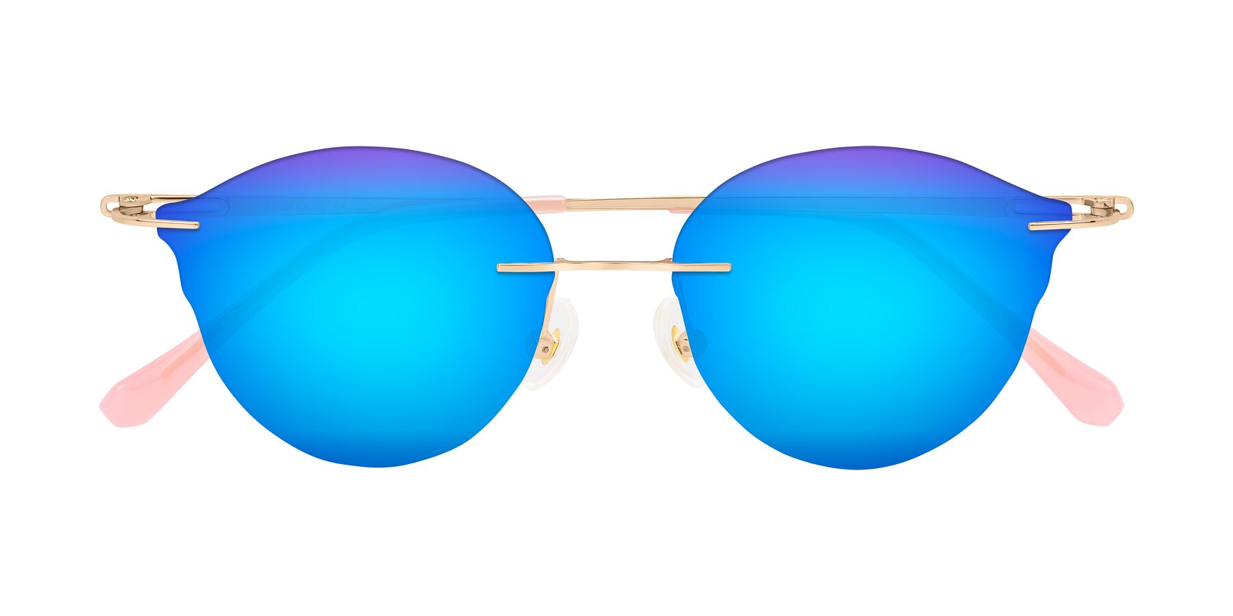 Folded Front of Barlow in Rose Gold/Pink with Blue Mirrored Lenses