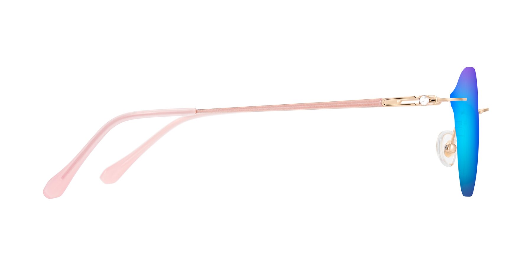 Side of Barlow in Rose Gold/Pink with Blue Mirrored Lenses