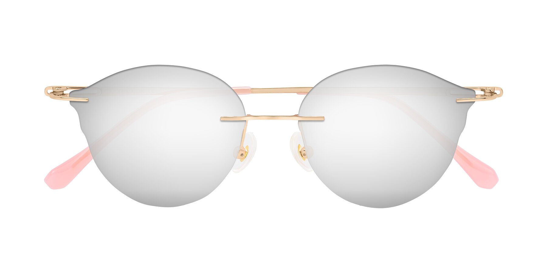 Folded Front of Barlow in Rose Gold/Pink with Silver Mirrored Lenses