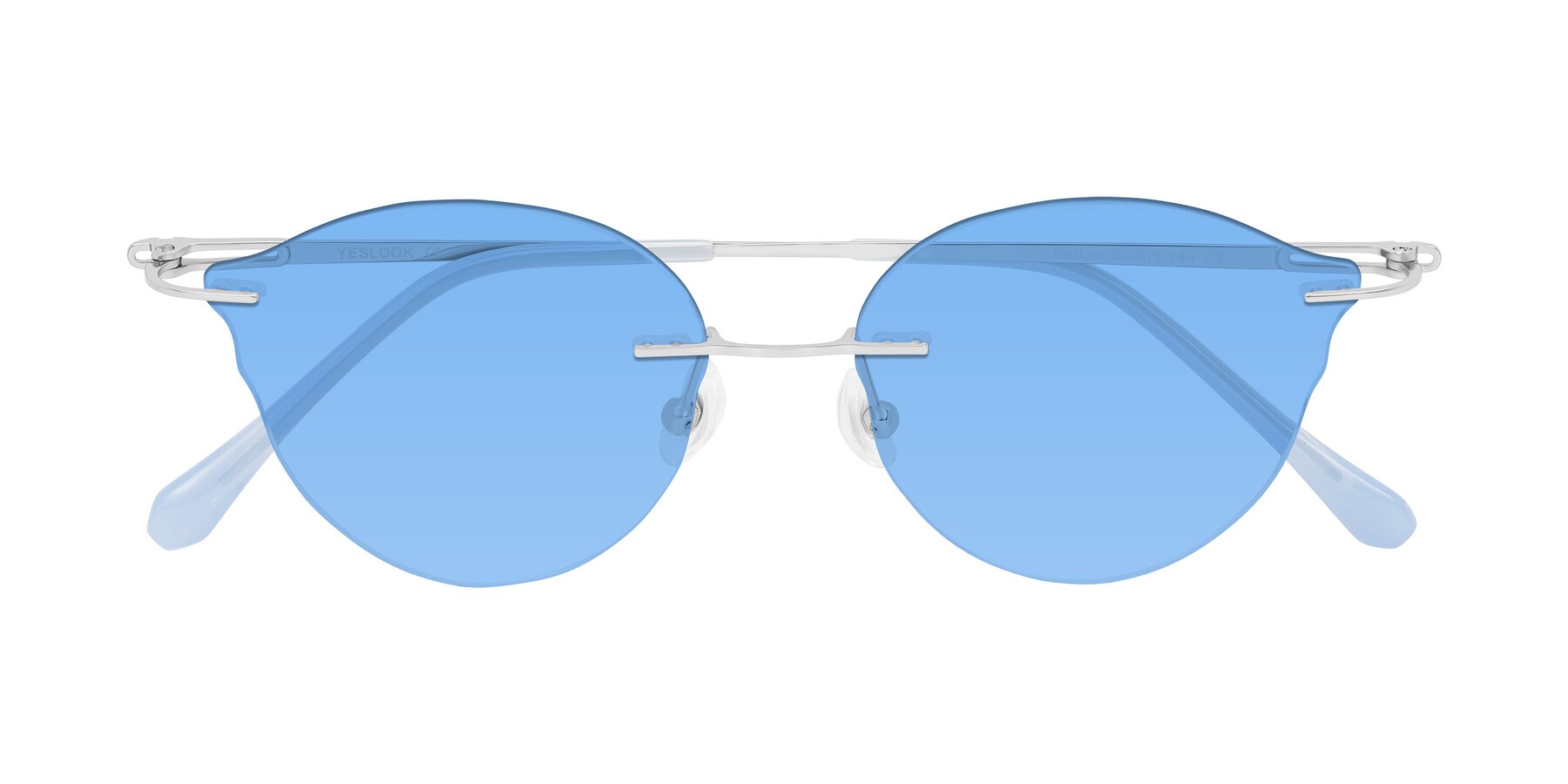 Folded Front of Barlow in Silver/Blue/Green with Medium Blue Tinted Lenses