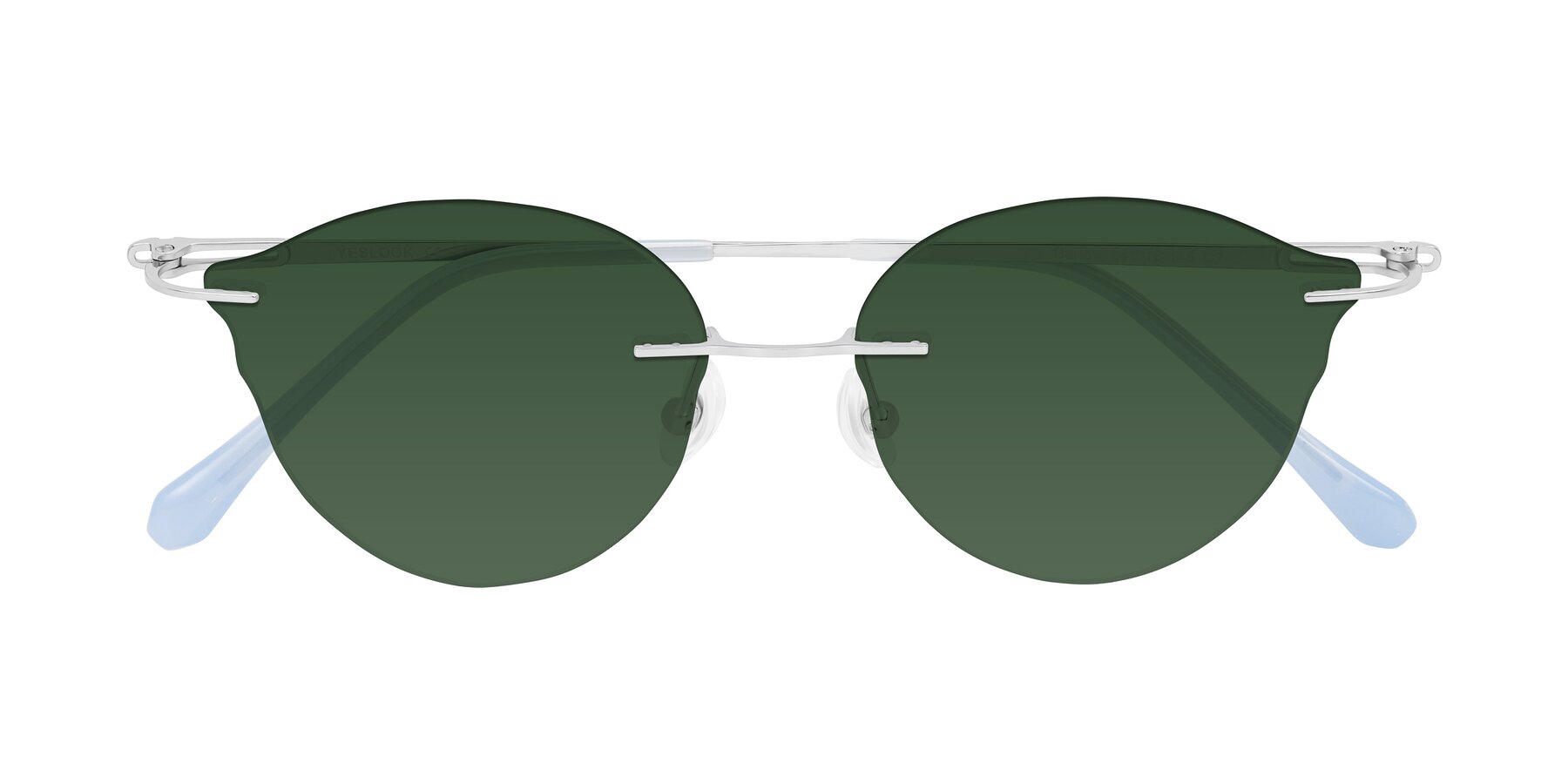 Folded Front of Barlow in Silver/Blue/Green with Green Tinted Lenses