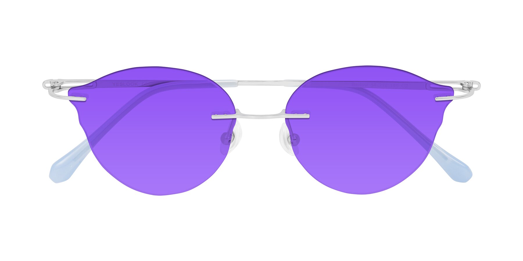 Folded Front of Barlow in Silver/Blue/Green with Purple Tinted Lenses