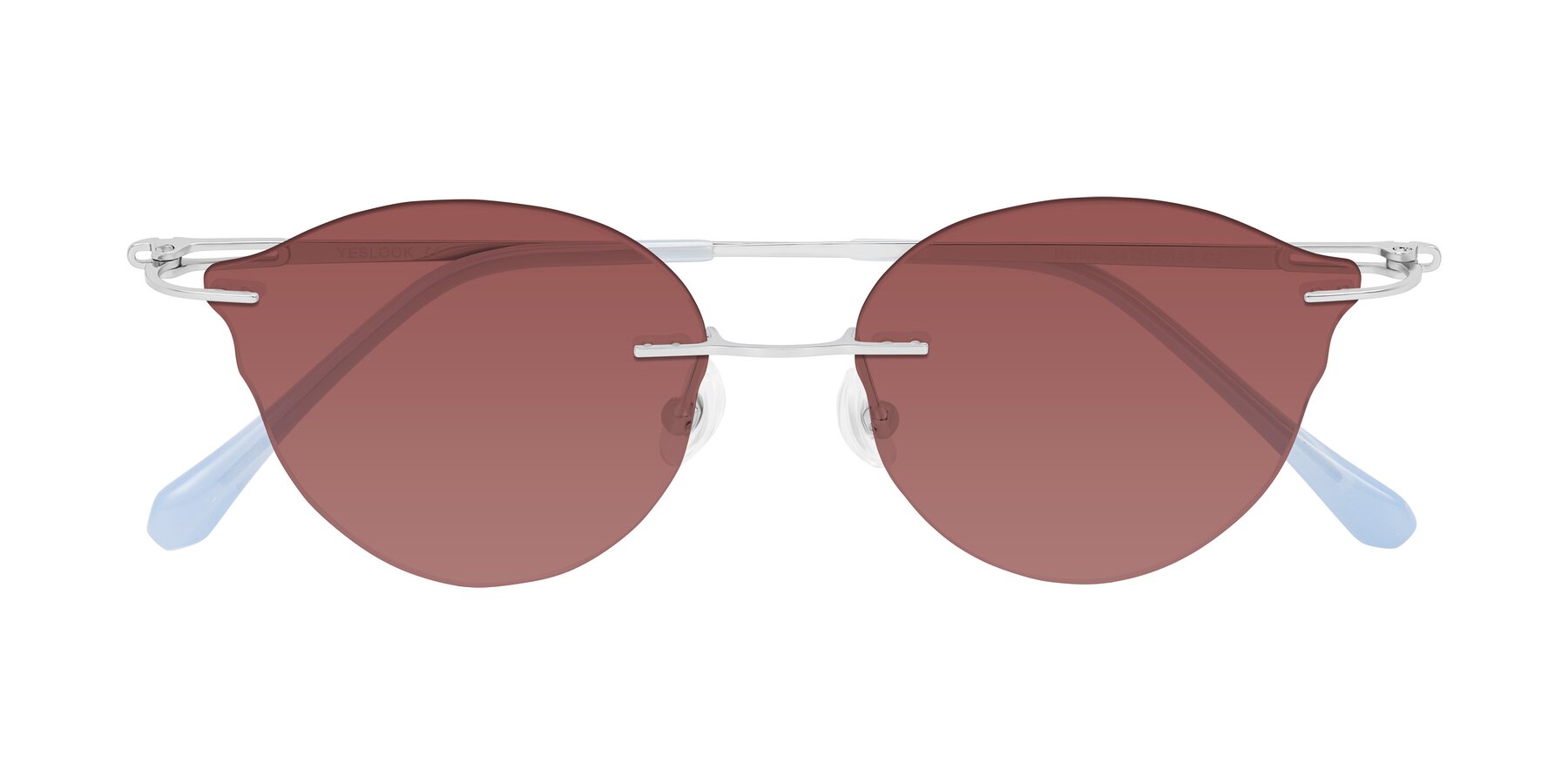 Folded Front of Barlow in Silver/Blue/Green with Garnet Tinted Lenses