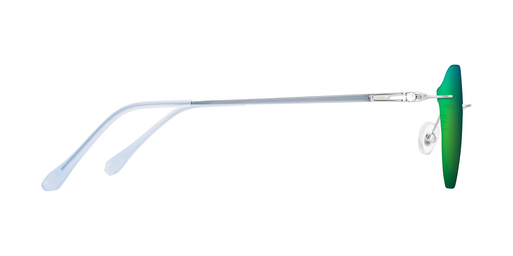 Side of Barlow in Silver/Blue/Green with Green Mirrored Lenses