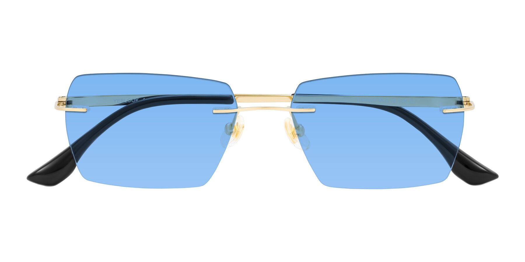 Folded Front of Tranquil in Gold with Medium Blue Tinted Lenses
