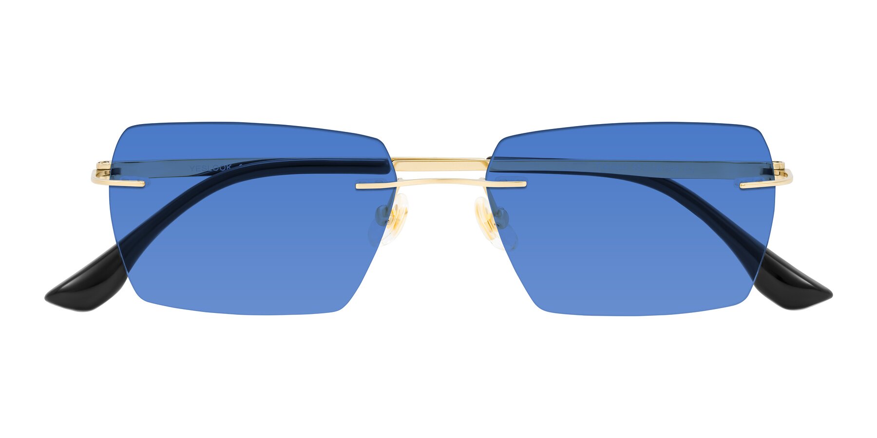 Folded Front of Tranquil in Gold with Blue Tinted Lenses