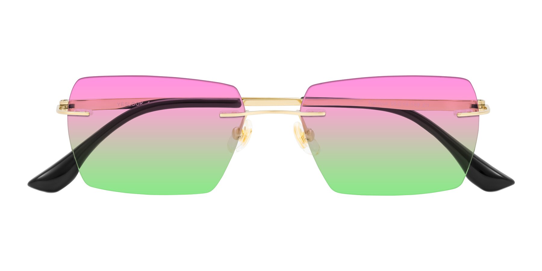 Folded Front of Tranquil in Gold with Pink / Green Gradient Lenses