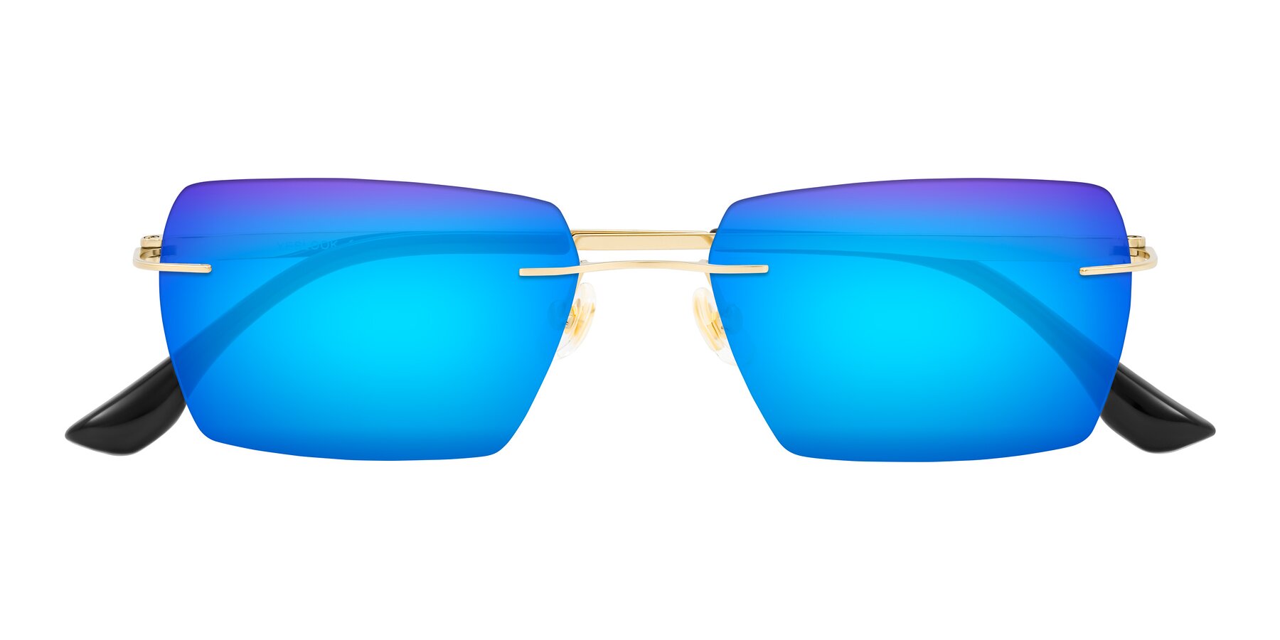 Folded Front of Tranquil in Gold with Blue Mirrored Lenses