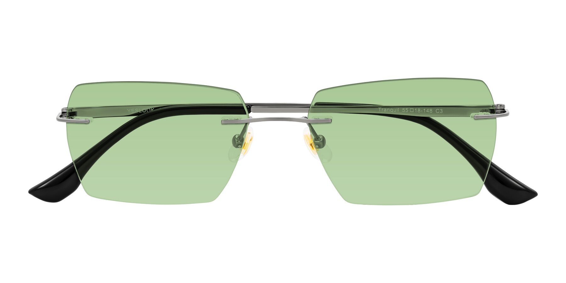 Folded Front of Tranquil in Gunmetal with Medium Green Tinted Lenses