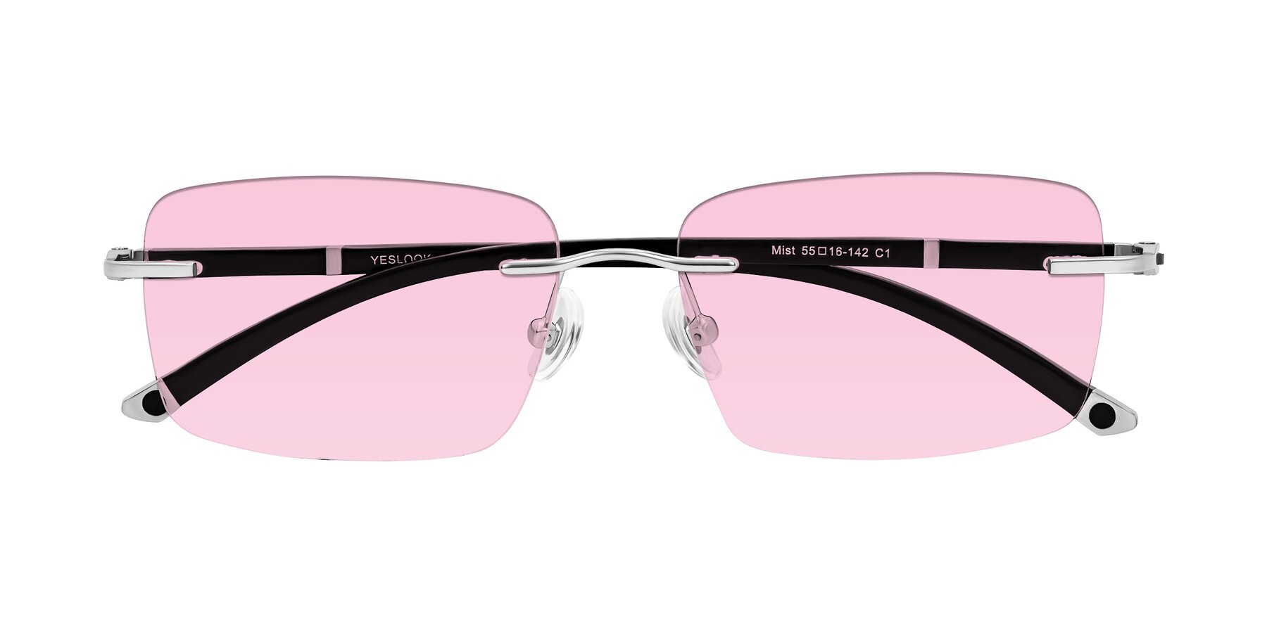 Folded Front of Mist in Sliver/Black with Light Pink Tinted Lenses