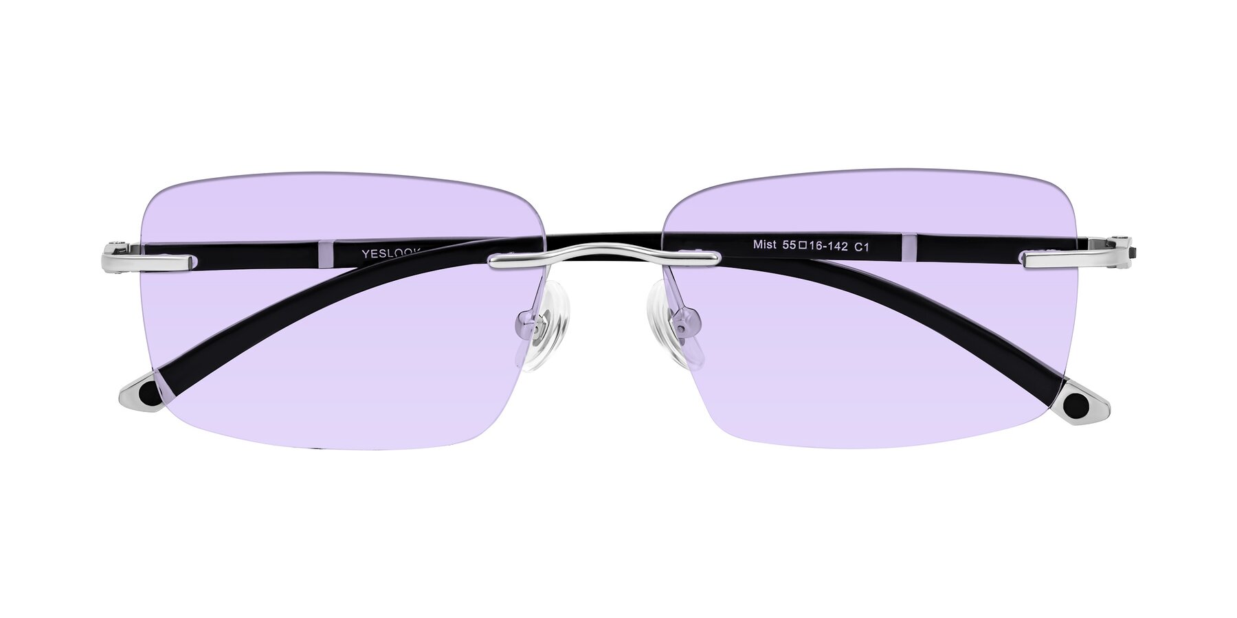 Folded Front of Mist in Sliver/Black with Light Purple Tinted Lenses