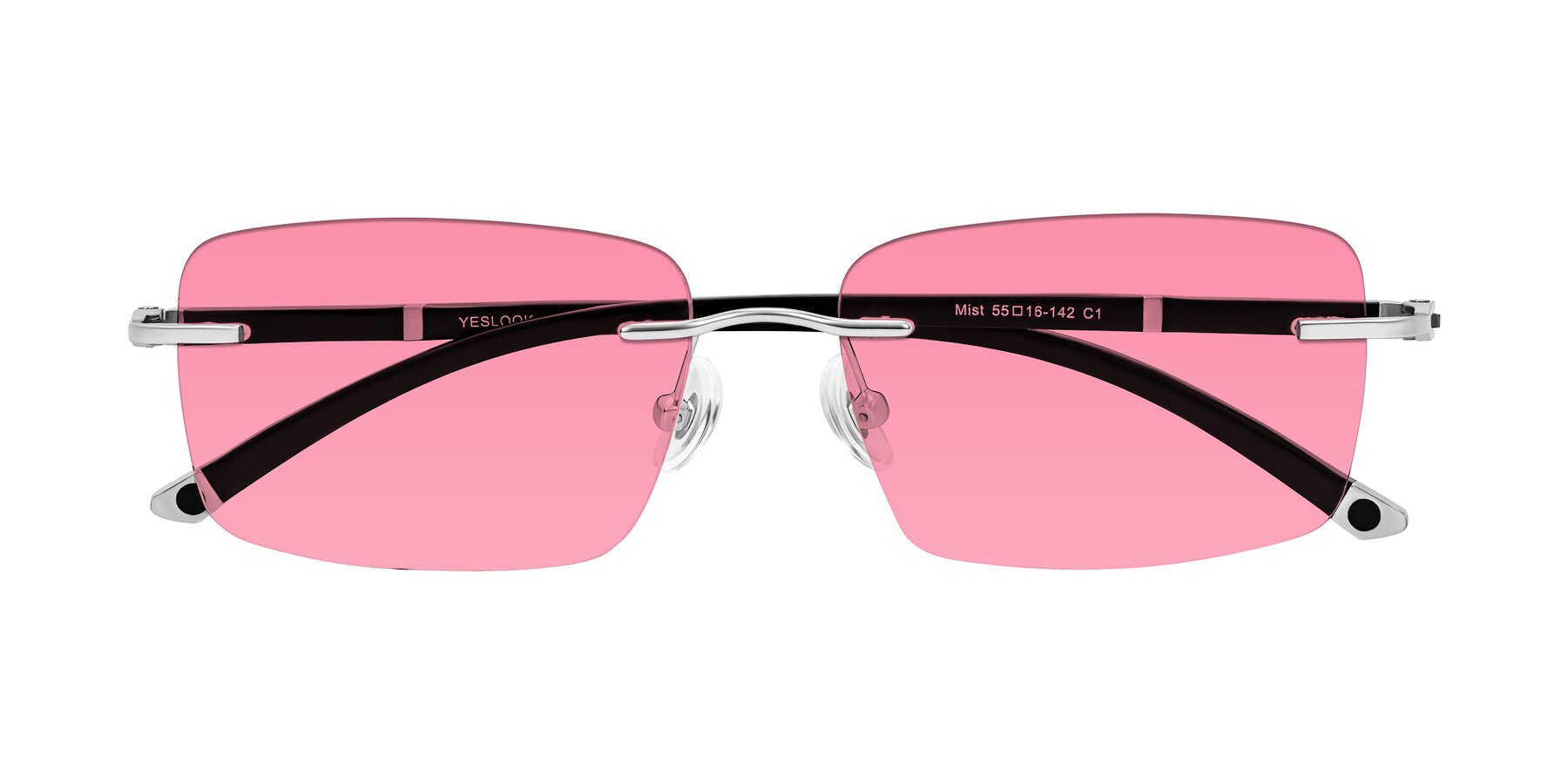 Folded Front of Mist in Sliver/Black with Pink Tinted Lenses