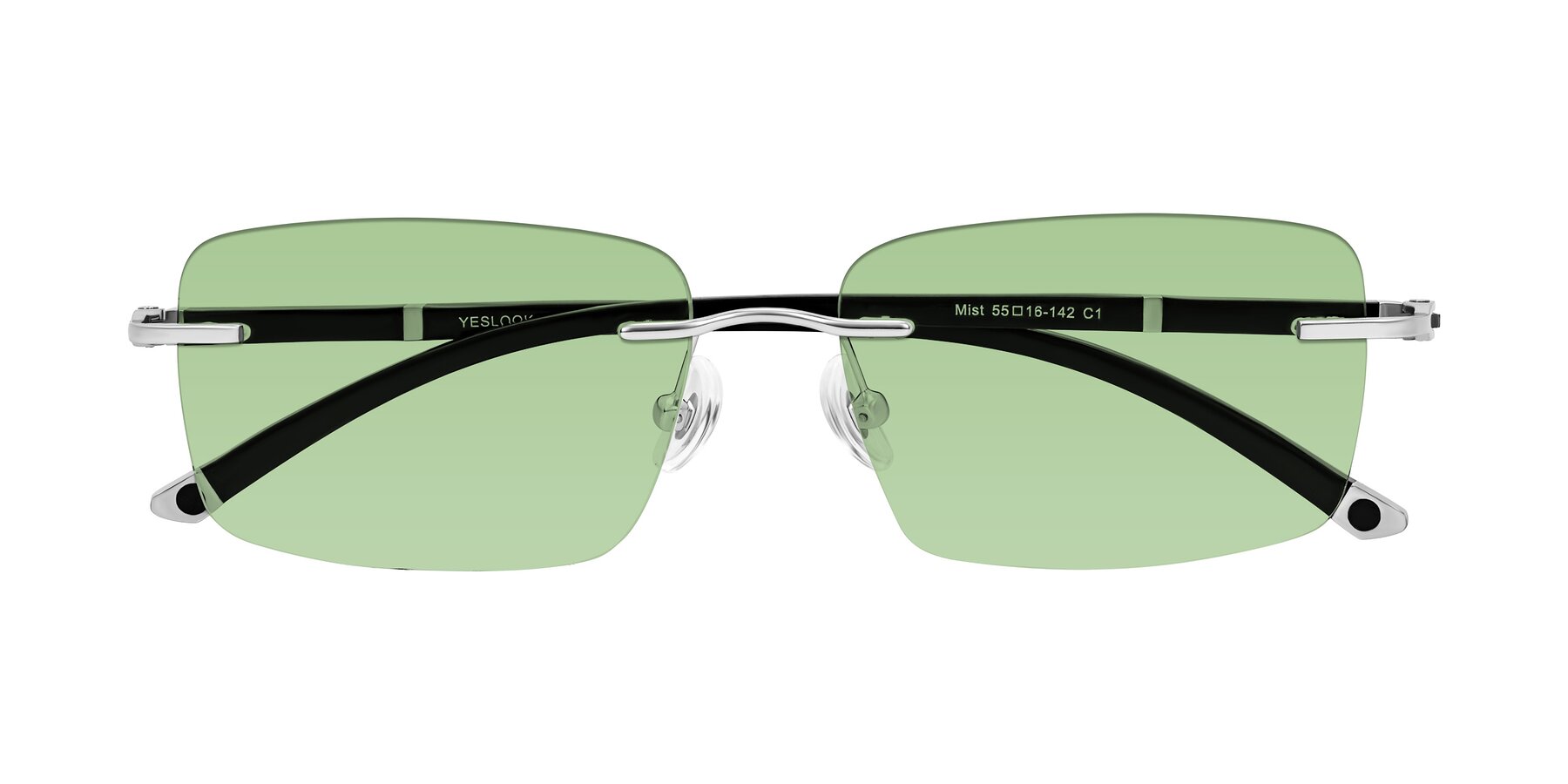 Folded Front of Mist in Sliver/Black with Medium Green Tinted Lenses