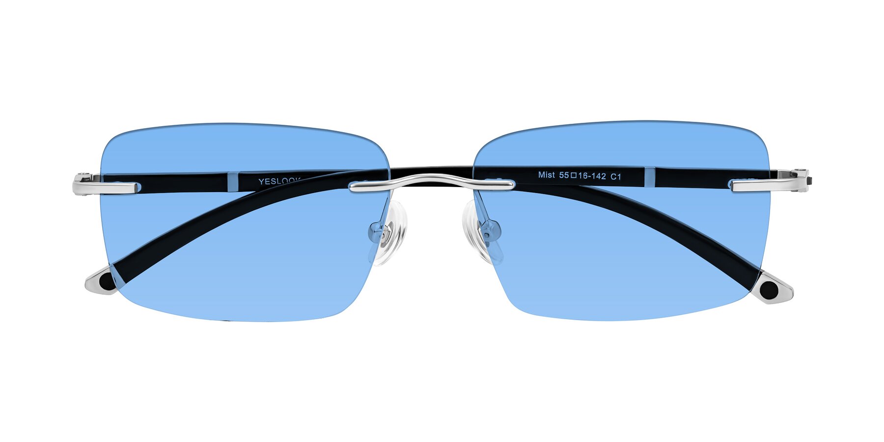 Folded Front of Mist in Sliver/Black with Medium Blue Tinted Lenses