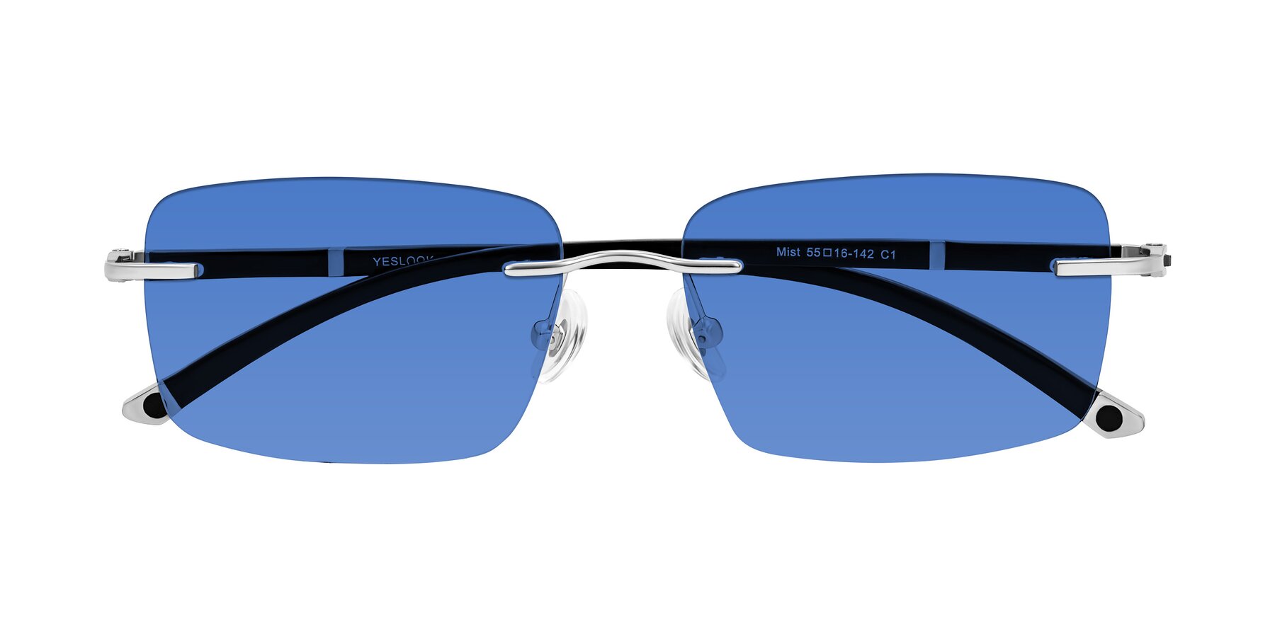 Folded Front of Mist in Sliver/Black with Blue Tinted Lenses