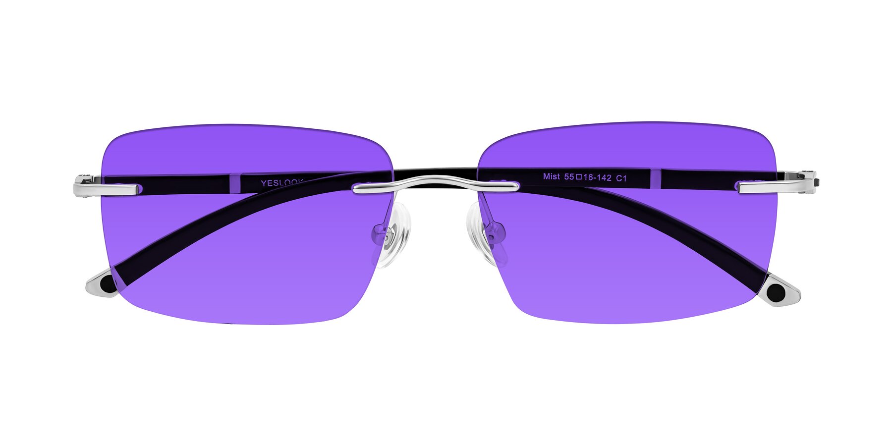 Folded Front of Mist in Sliver/Black with Purple Tinted Lenses