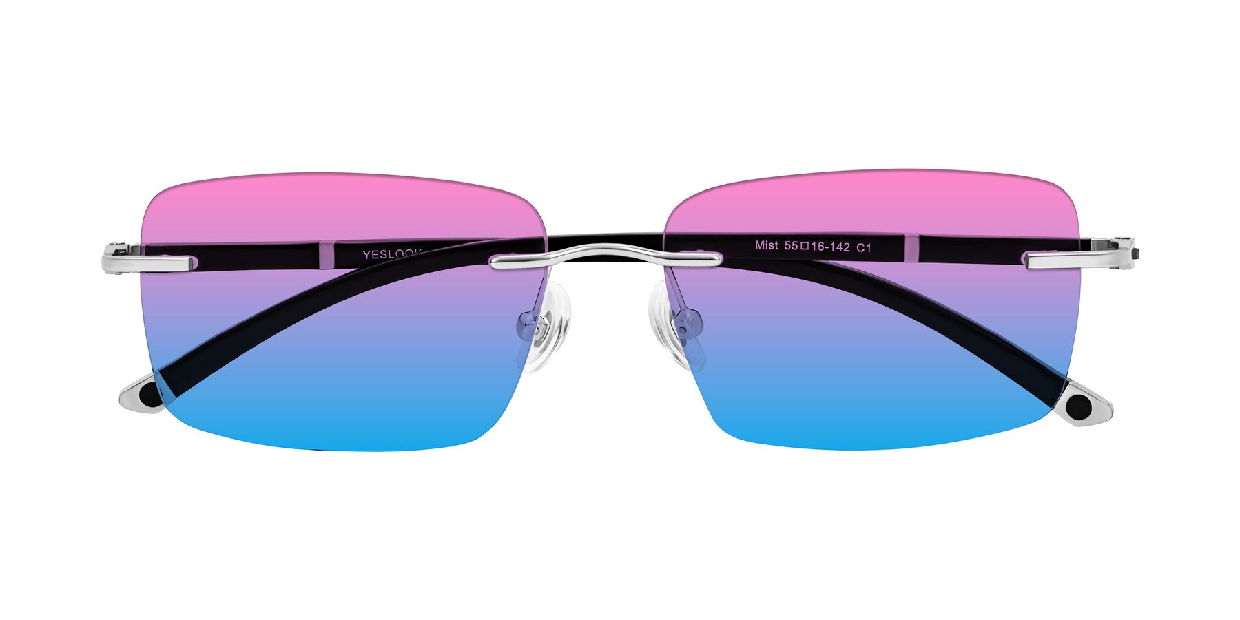 Folded Front of Mist in Sliver/Black with Pink / Blue Gradient Lenses