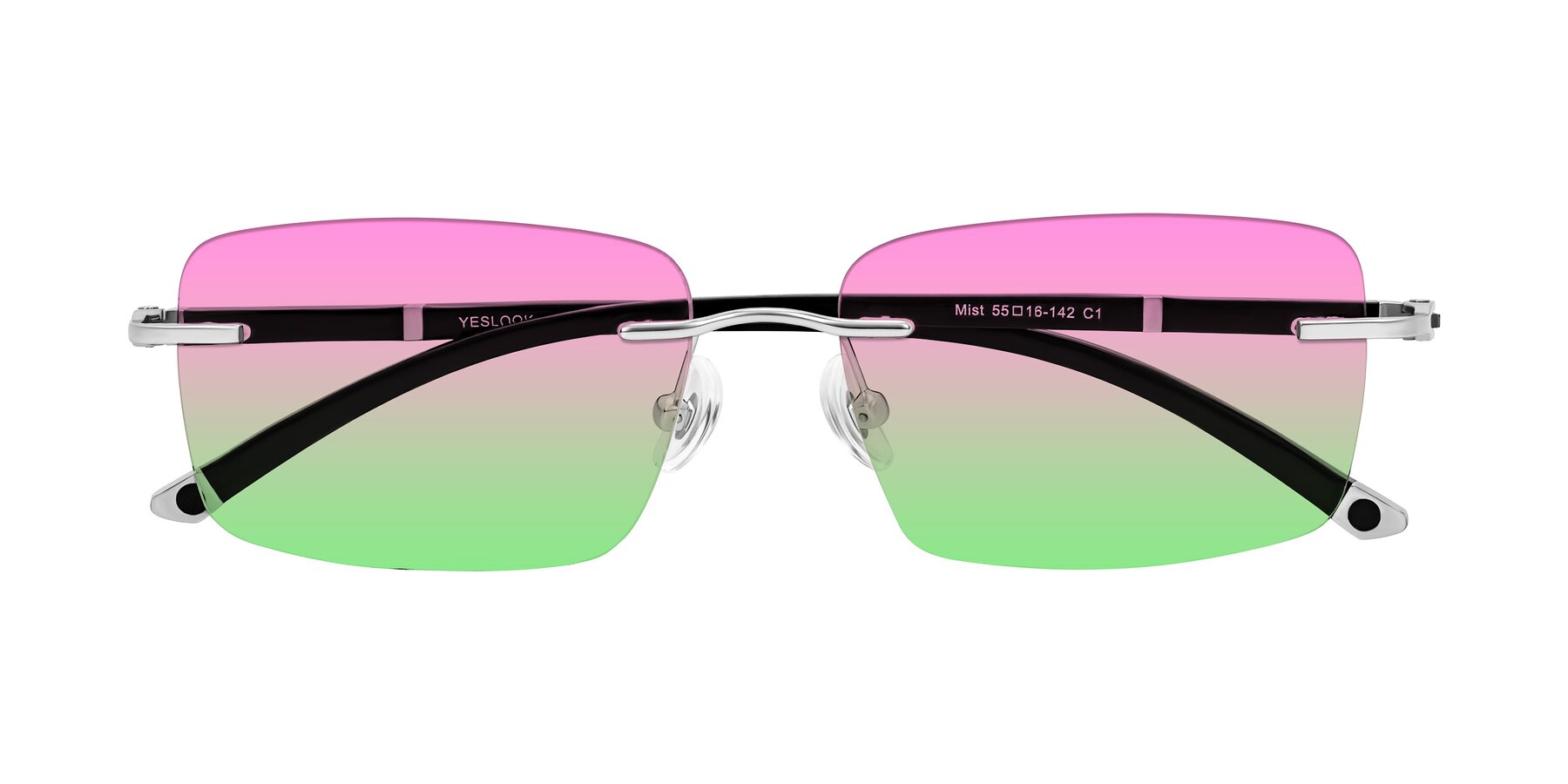 Folded Front of Mist in Sliver/Black with Pink / Green Gradient Lenses