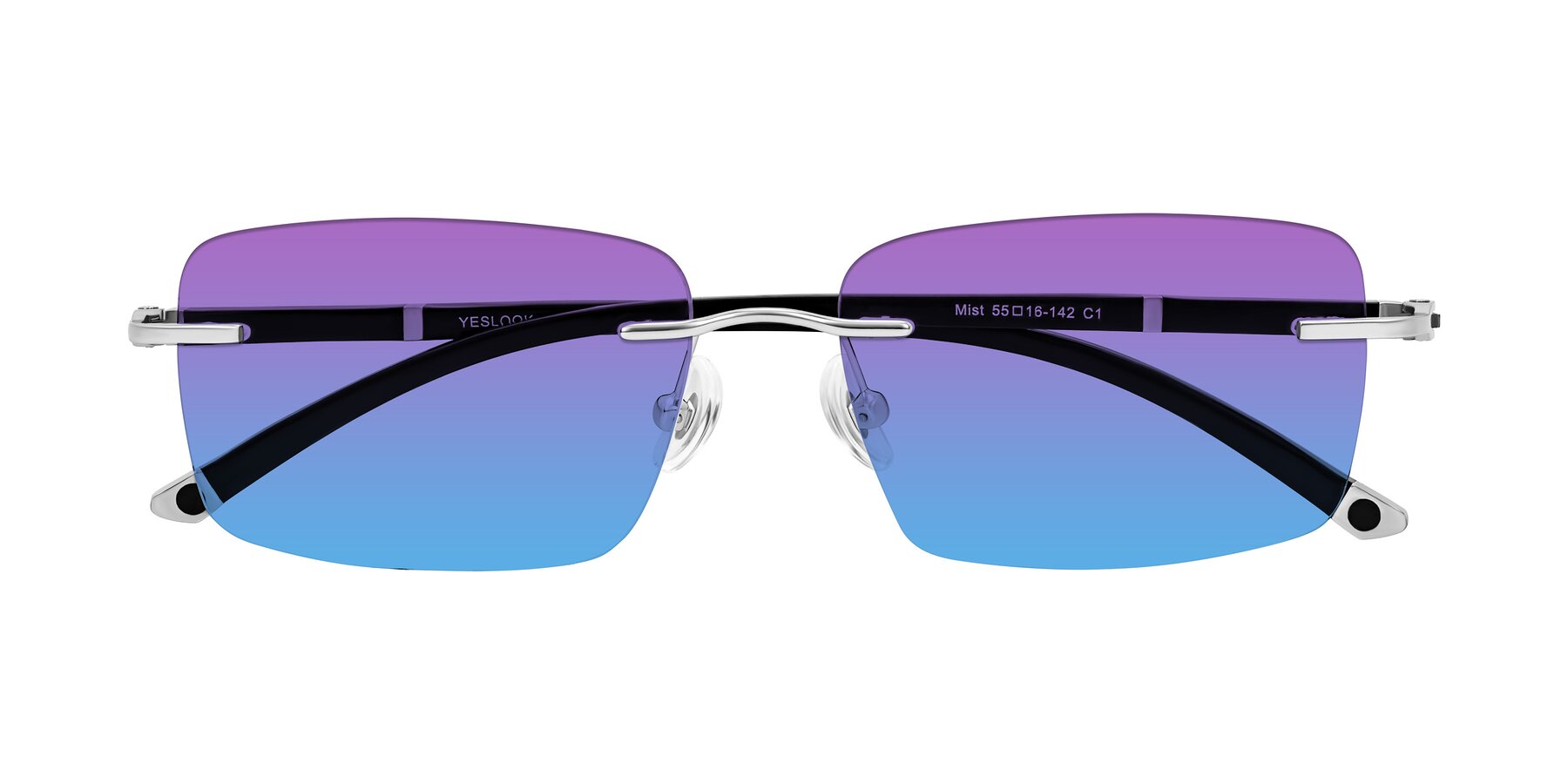 Folded Front of Mist in Sliver/Black with Purple / Blue Gradient Lenses