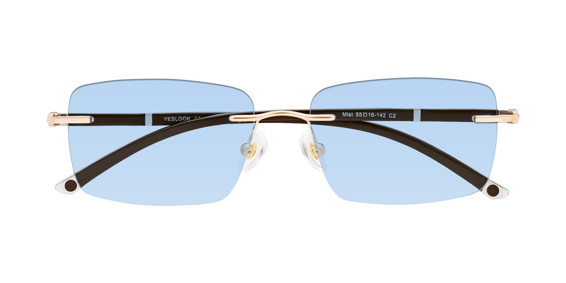 Folded Front of Mist in Rose Gold/Brown with Light Blue Tinted Lenses