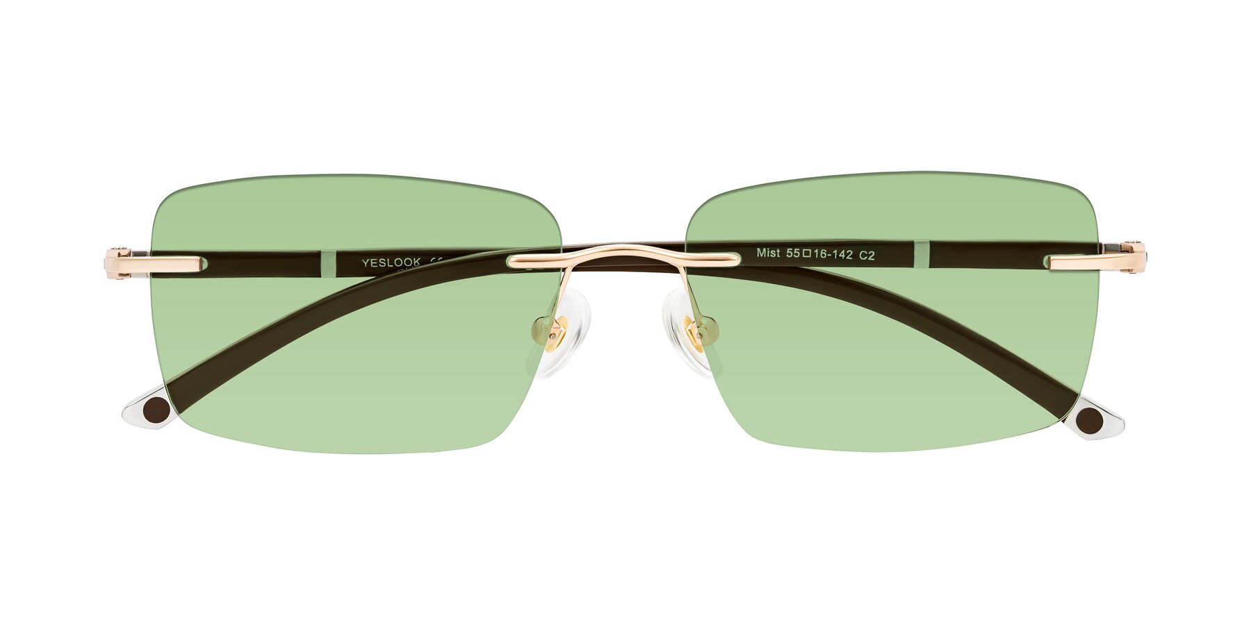 Folded Front of Mist in Rose Gold/Brown with Medium Green Tinted Lenses
