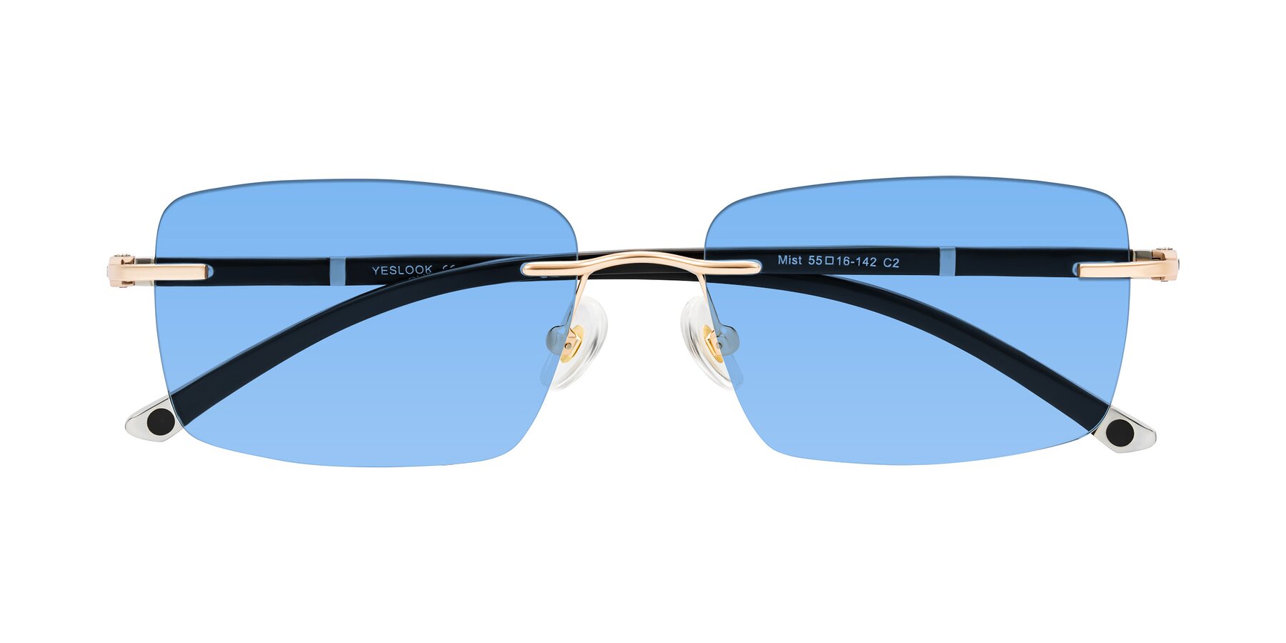 Folded Front of Mist in Rose Gold/Brown with Medium Blue Tinted Lenses