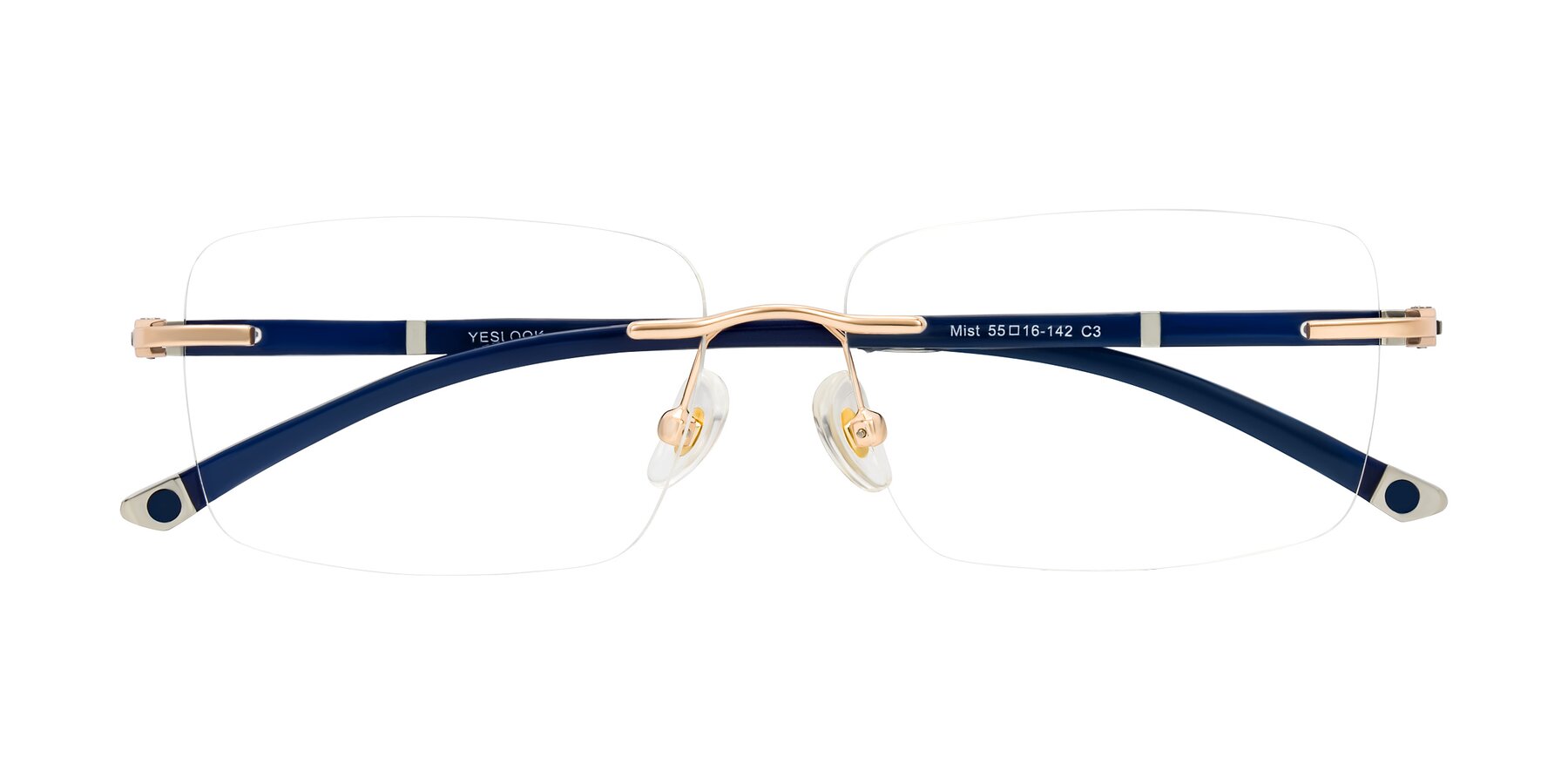 Folded Front of Mist in Rose Gold/Blue with Clear Eyeglass Lenses