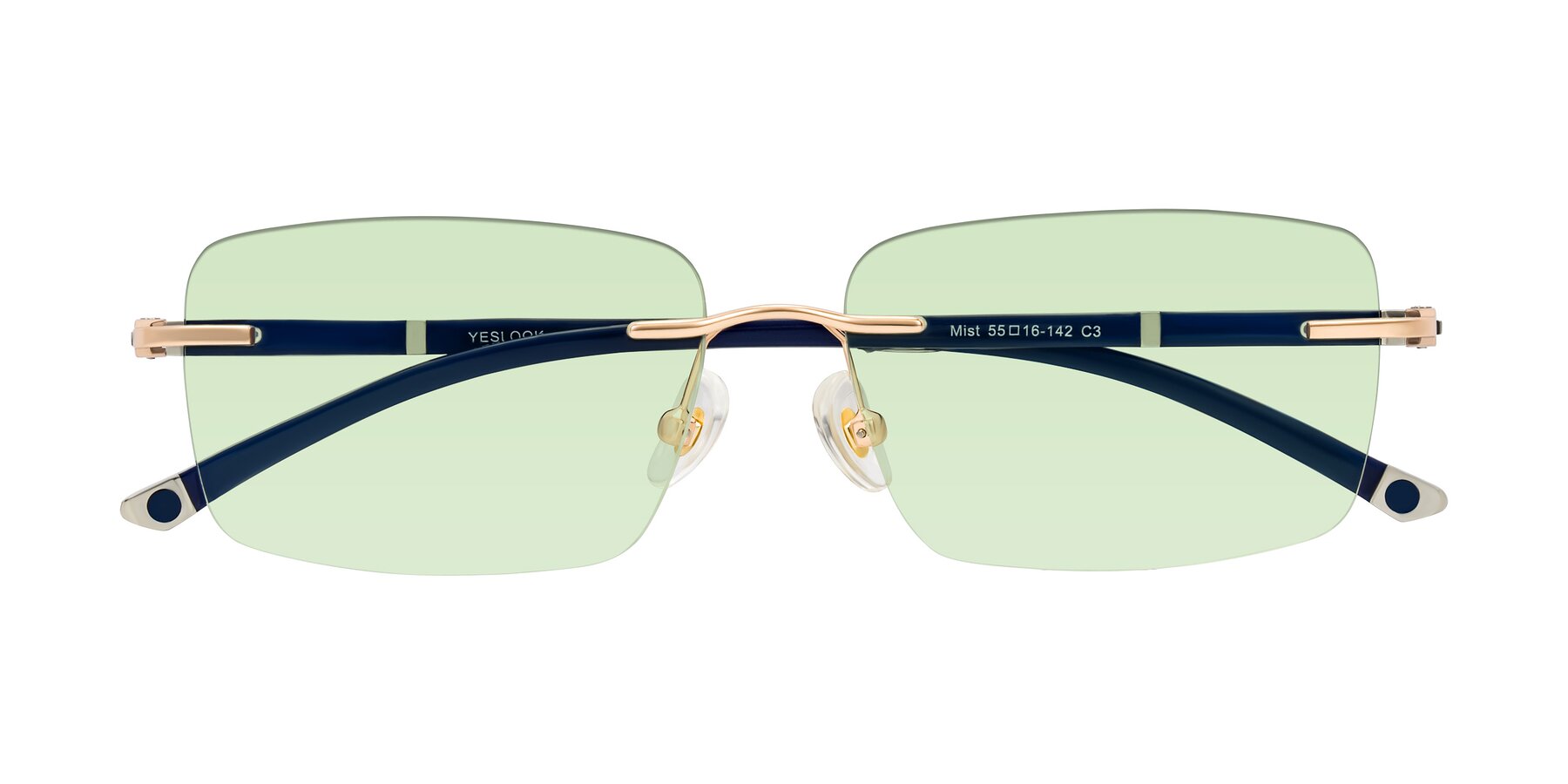 Folded Front of Mist in Rose Gold/Blue with Light Green Tinted Lenses