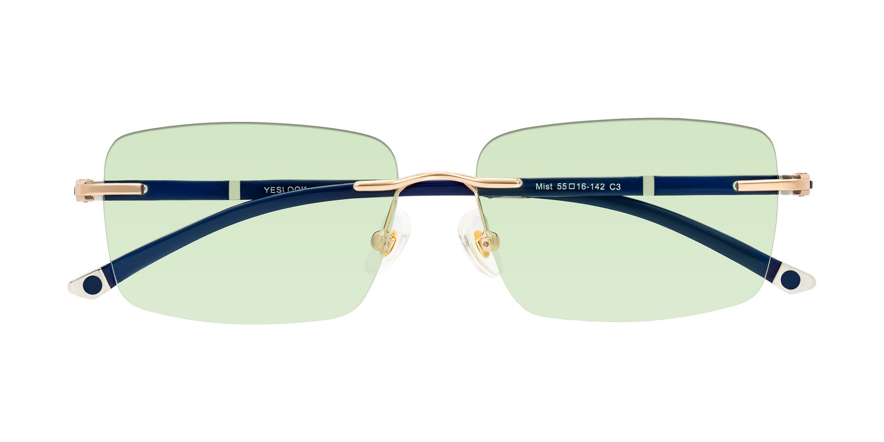 Folded Front of Mist in Rose Gold/Blue with Light Green Tinted Lenses