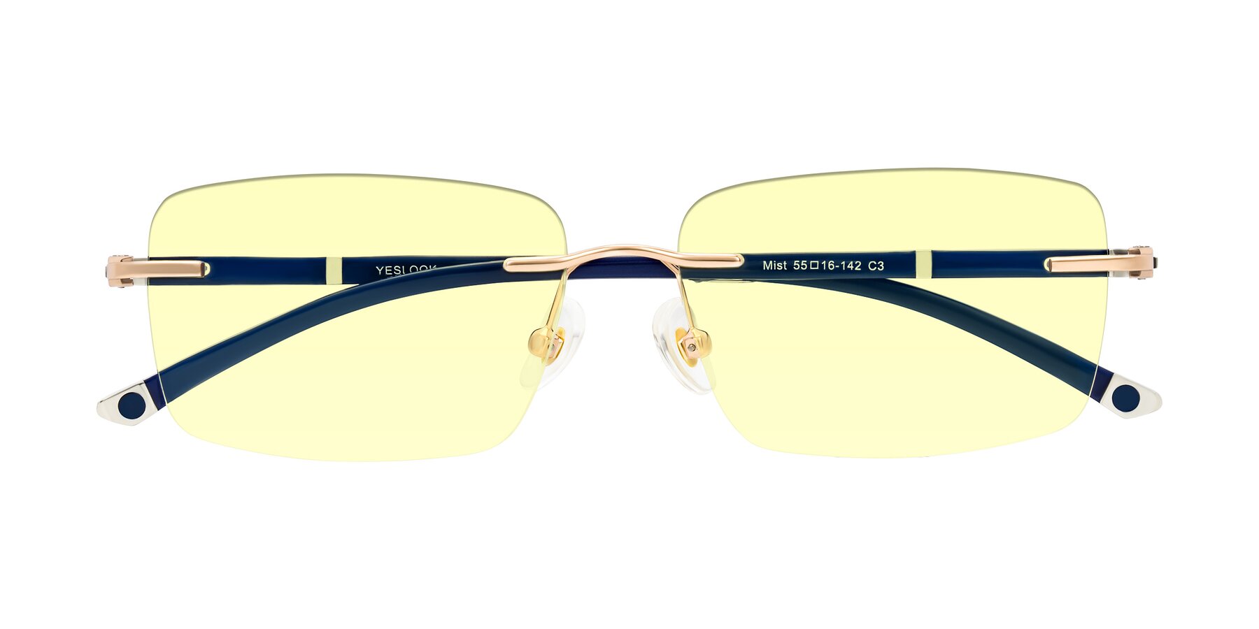 Folded Front of Mist in Rose Gold/Blue with Light Yellow Tinted Lenses