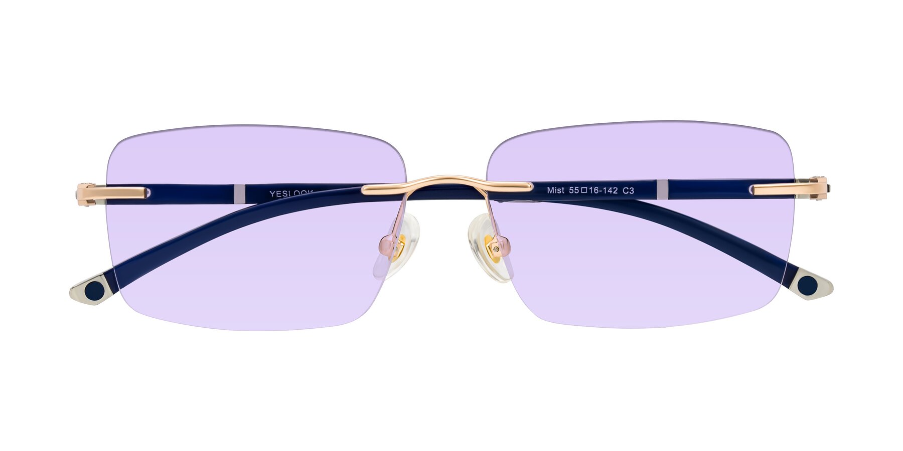 Folded Front of Mist in Rose Gold/Blue with Light Purple Tinted Lenses